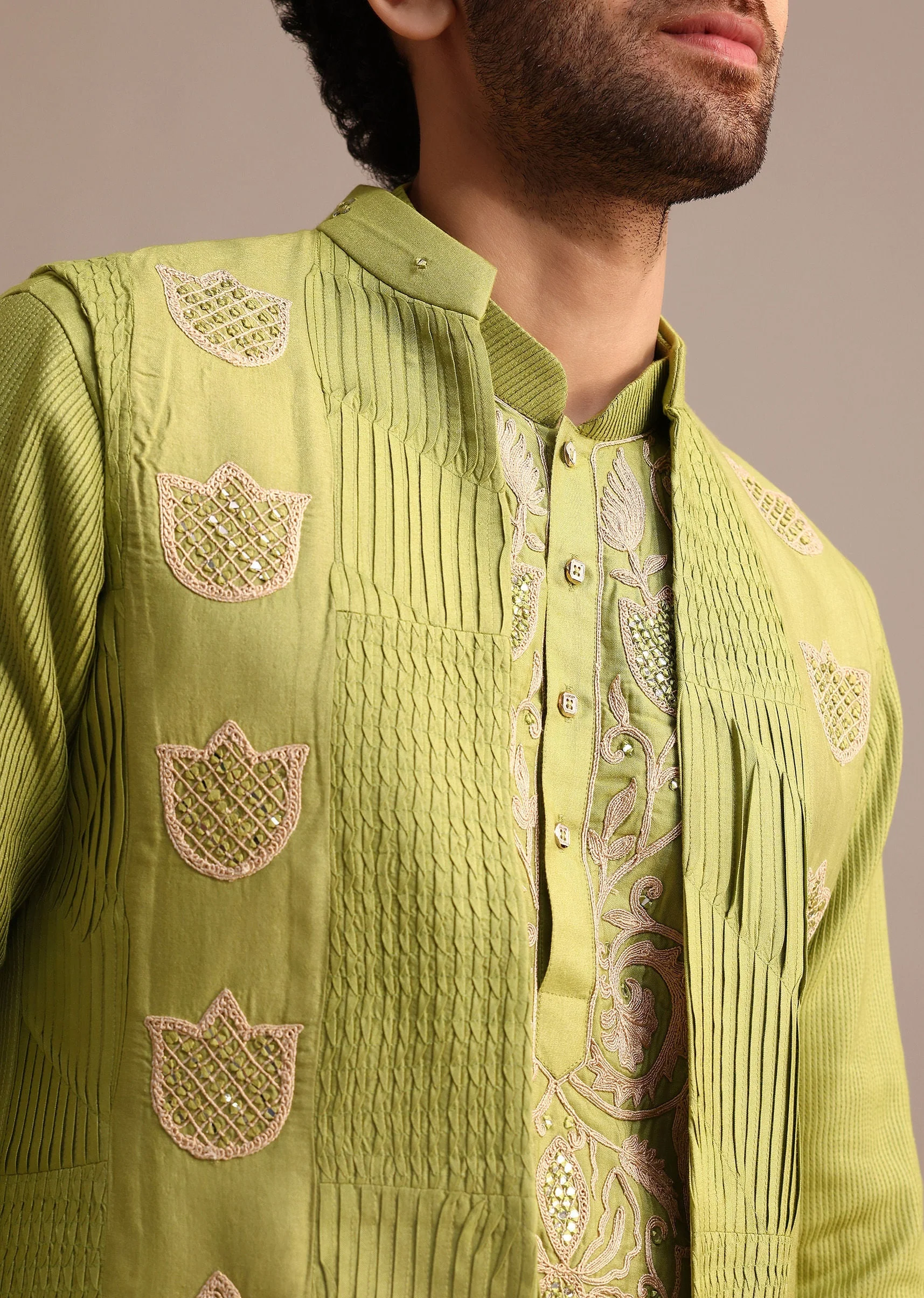 Green Embroidered Silk Kurta Jacket Set For Men - Image 3