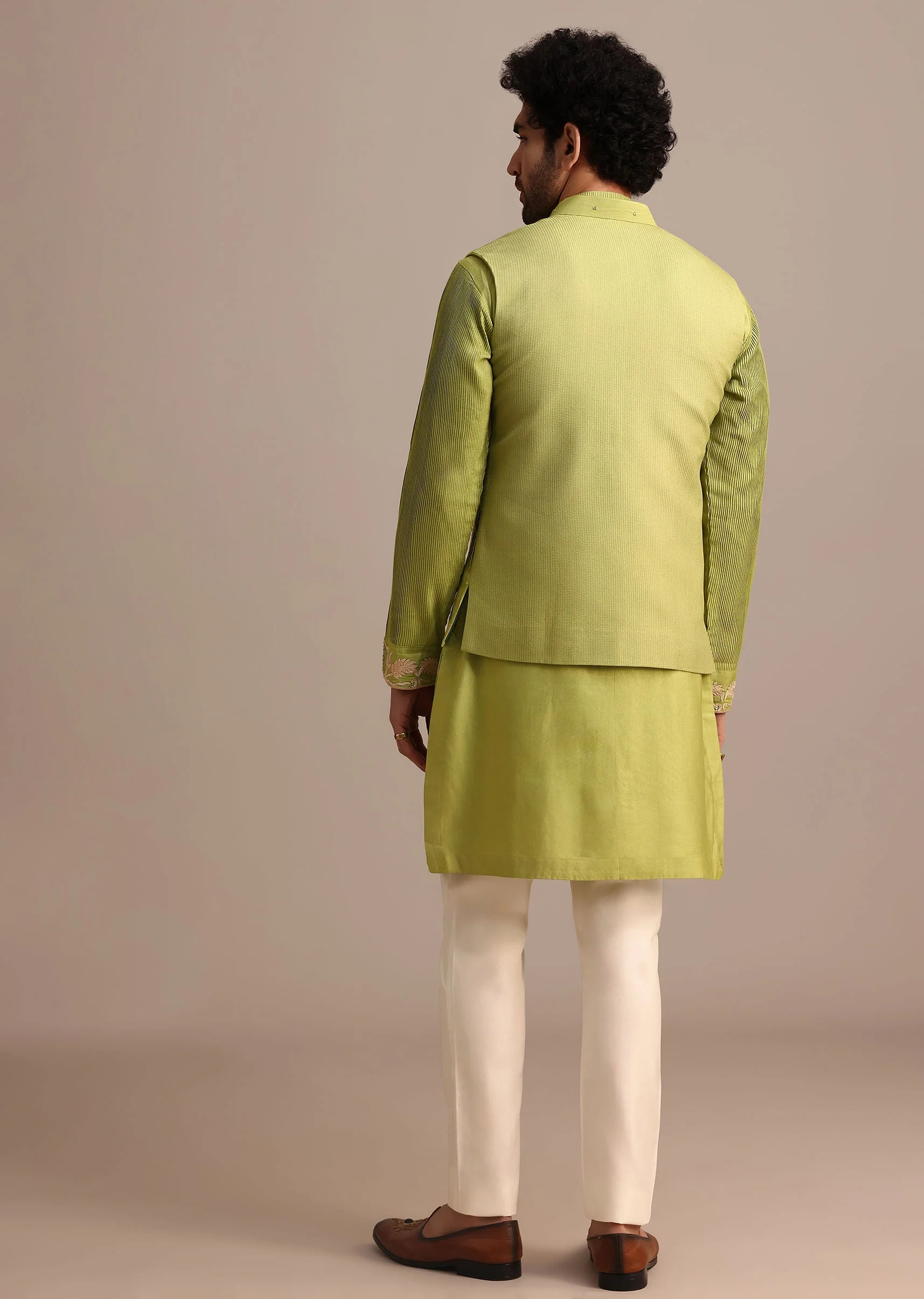 Green Embroidered Silk Kurta Jacket Set For Men - Image 5