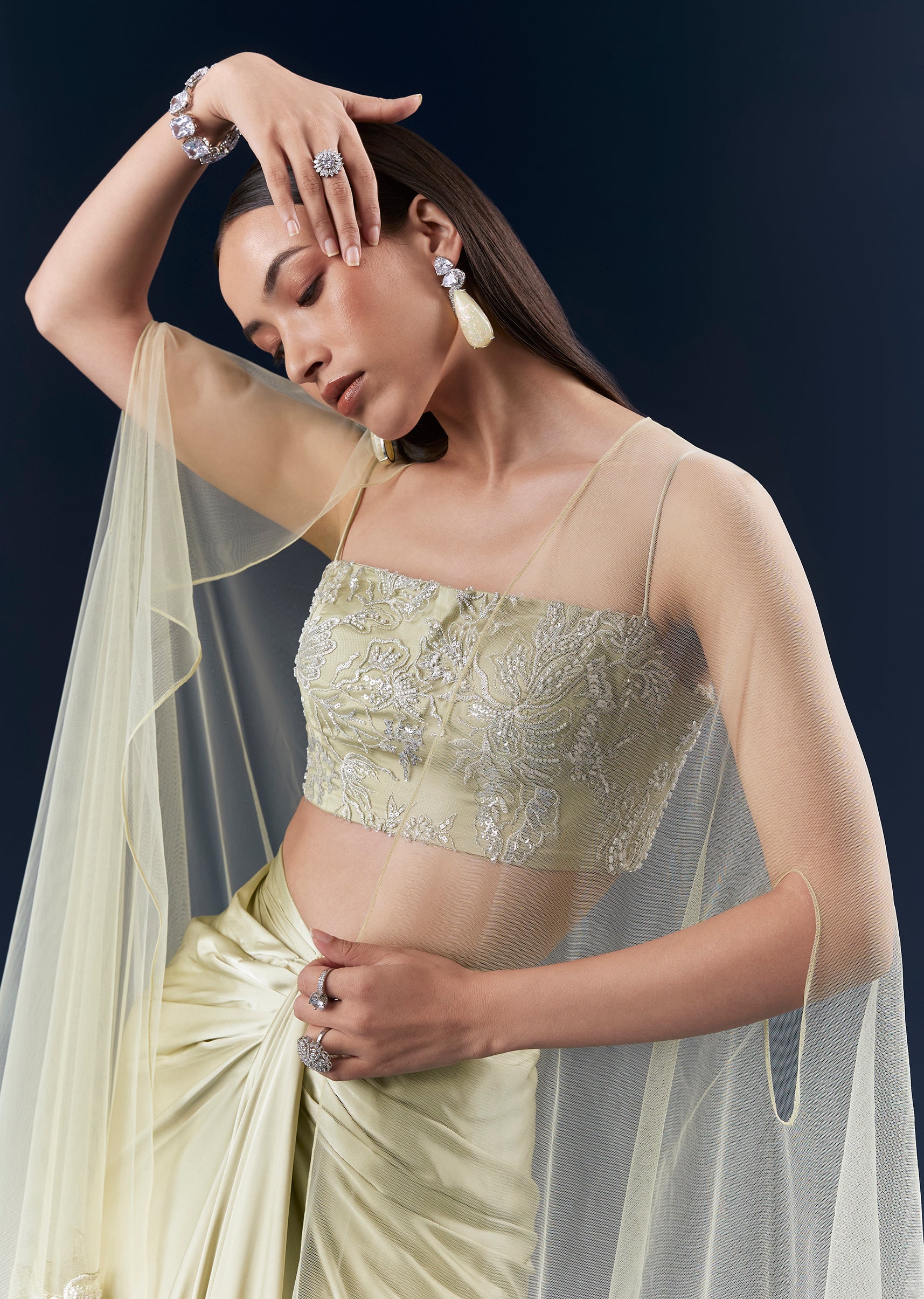 Green Festive Duo – Satin Crop Top Skirt Set For Her And Tussar Jodhpuri Set For Him - Image 2