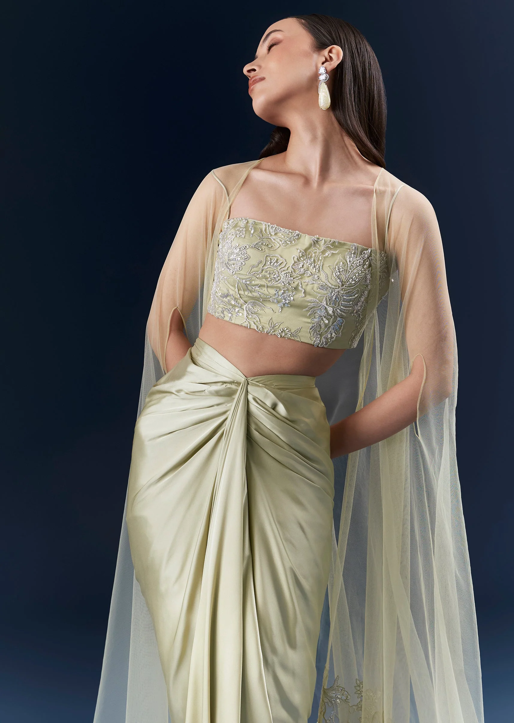 Green Festive Duo – Satin Crop Top Skirt Set For Her And Tussar Jodhpuri Set For Him - Image 4