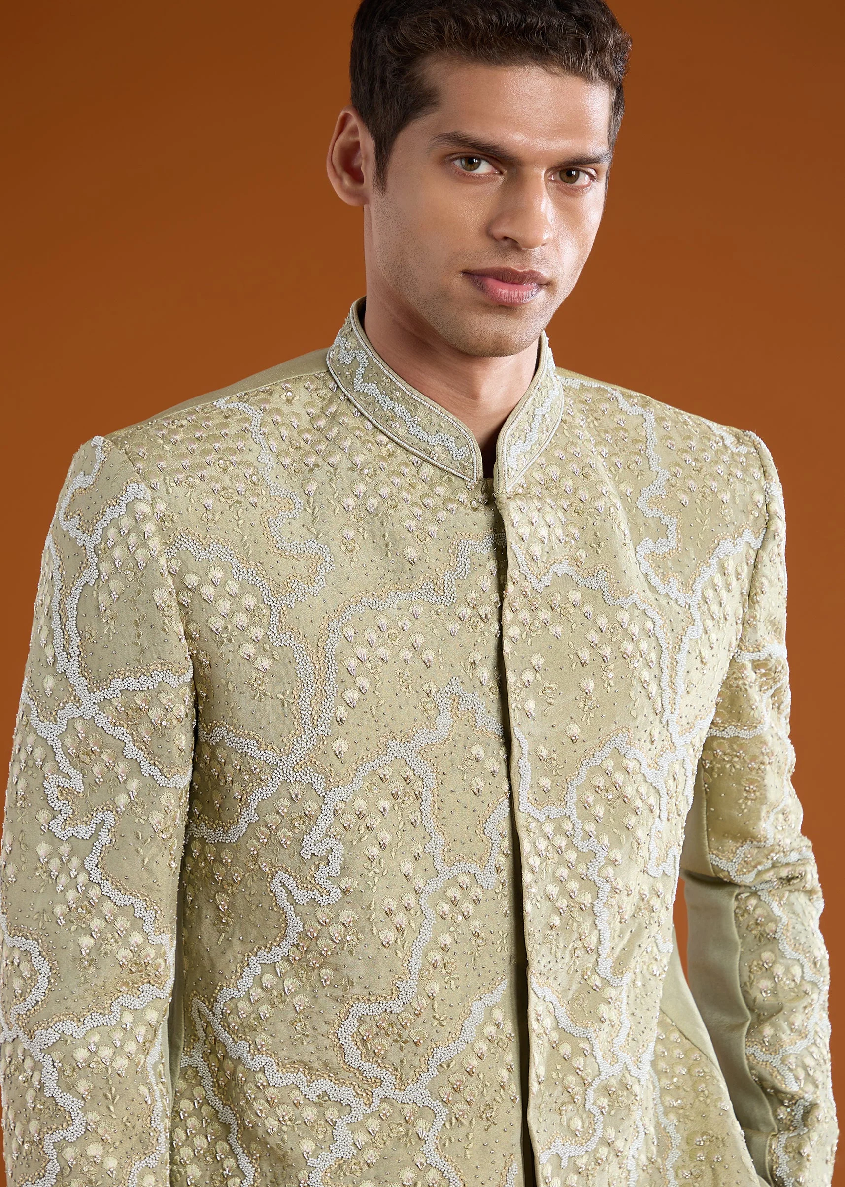 Green Festive Duo – Satin Crop Top Skirt Set For Her And Tussar Jodhpuri Set For Him - Image 7