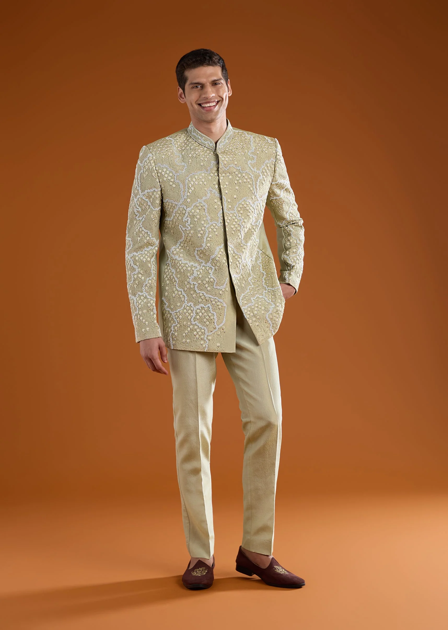 Green Festive Duo – Satin Crop Top Skirt Set For Her And Tussar Jodhpuri Set For Him - Image 8