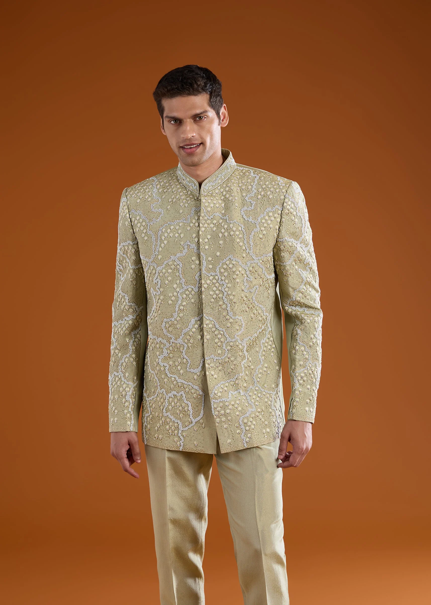 Green Festive Duo – Satin Crop Top Skirt Set For Her And Tussar Jodhpuri Set For Him - Image 9
