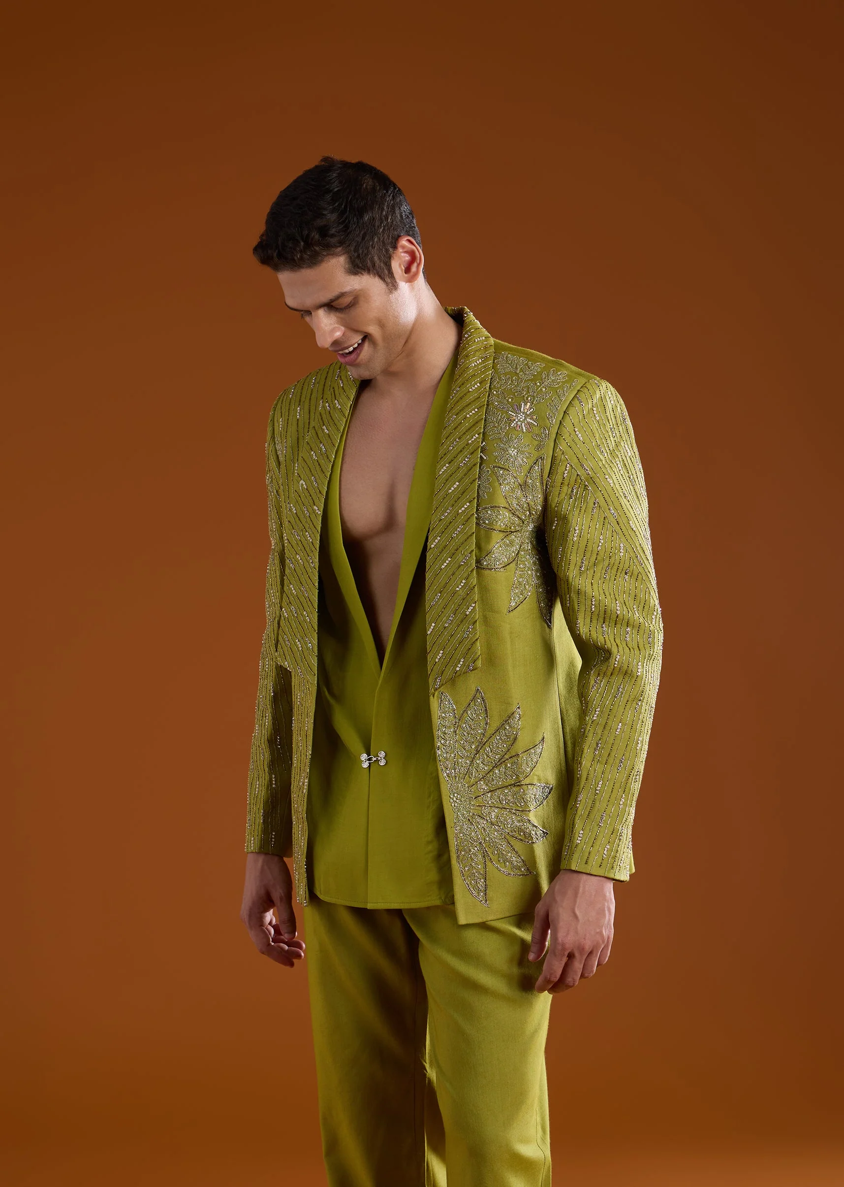 Green Festive Duo – Tissue Kurta Lehenga Set For Her And Embroidered Tuxedo Set For Him - Image 5