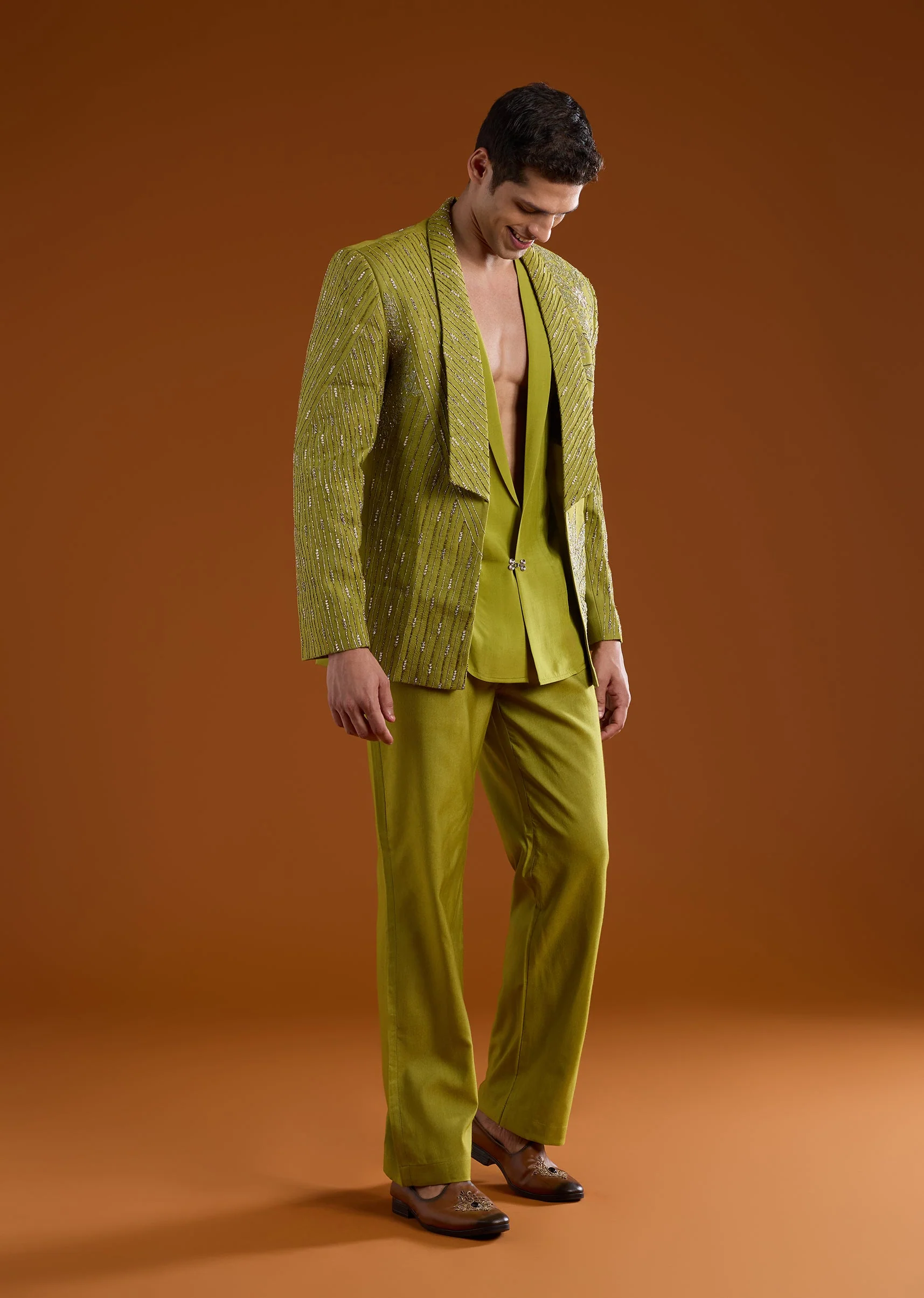 Green Festive Duo – Tissue Kurta Lehenga Set For Her And Embroidered Tuxedo Set For Him - Image 6