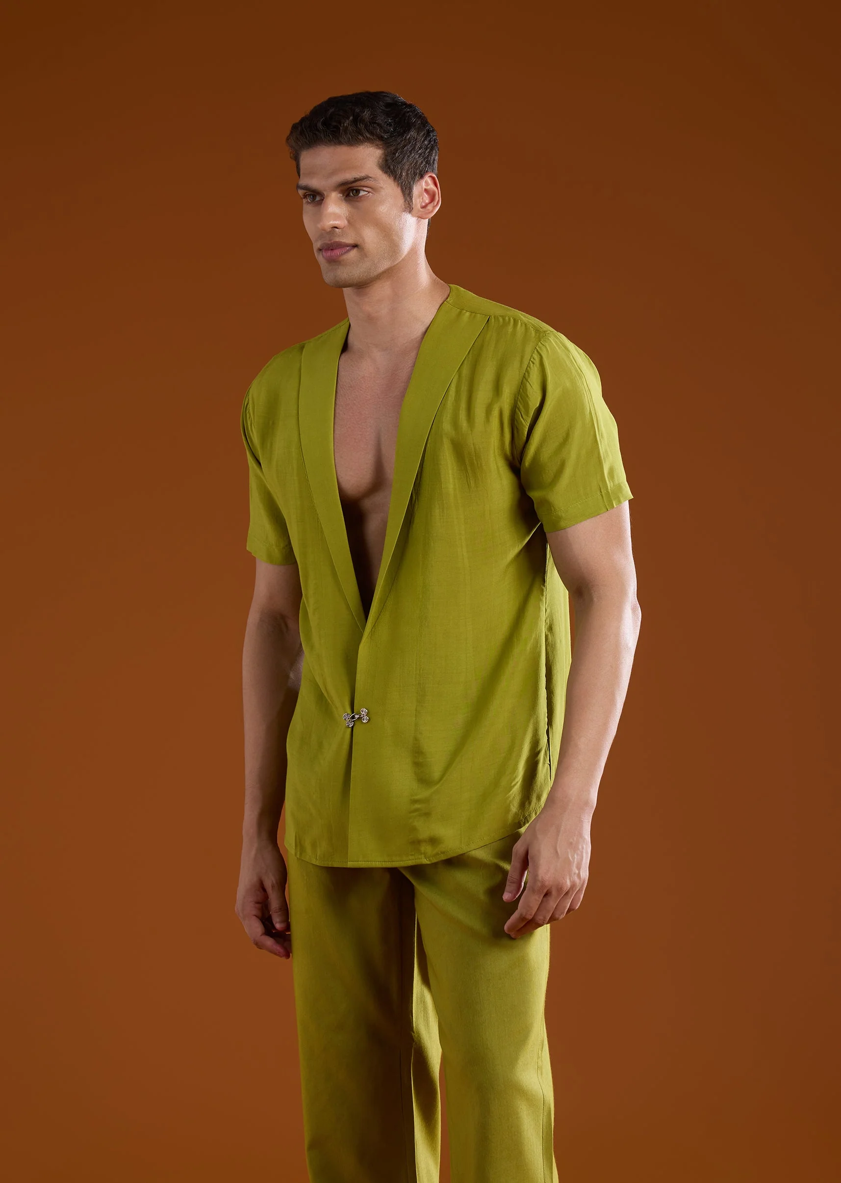Green Festive Duo – Tissue Kurta Lehenga Set For Her And Embroidered Tuxedo Set For Him - Image 7