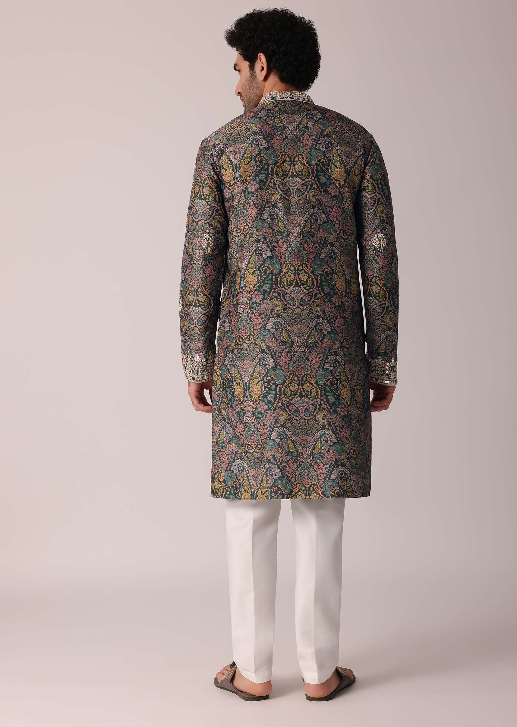 Green Festive Floral Printed Silk Kurta Set For Men - Image 5