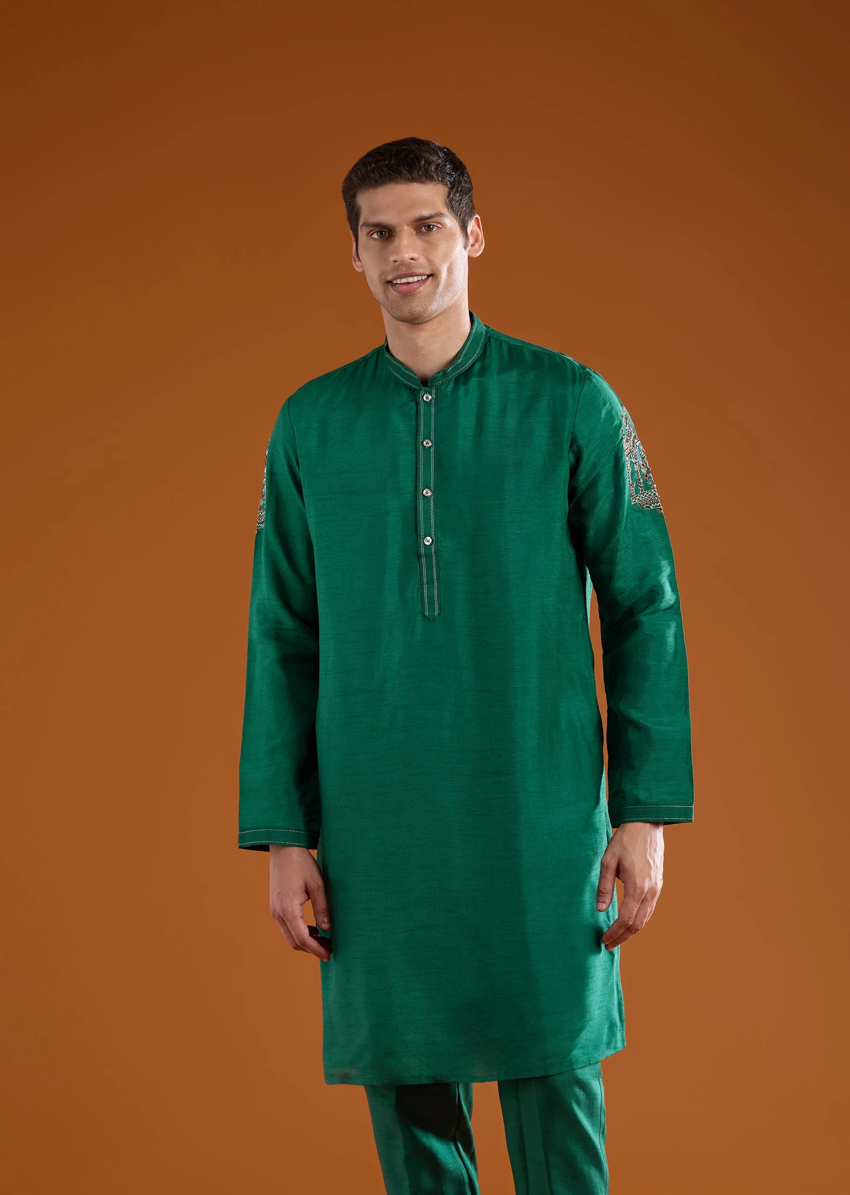 Green Festive Pair – Zardosi Suit For Her And Jacket Kurta Set For Him - Image 10
