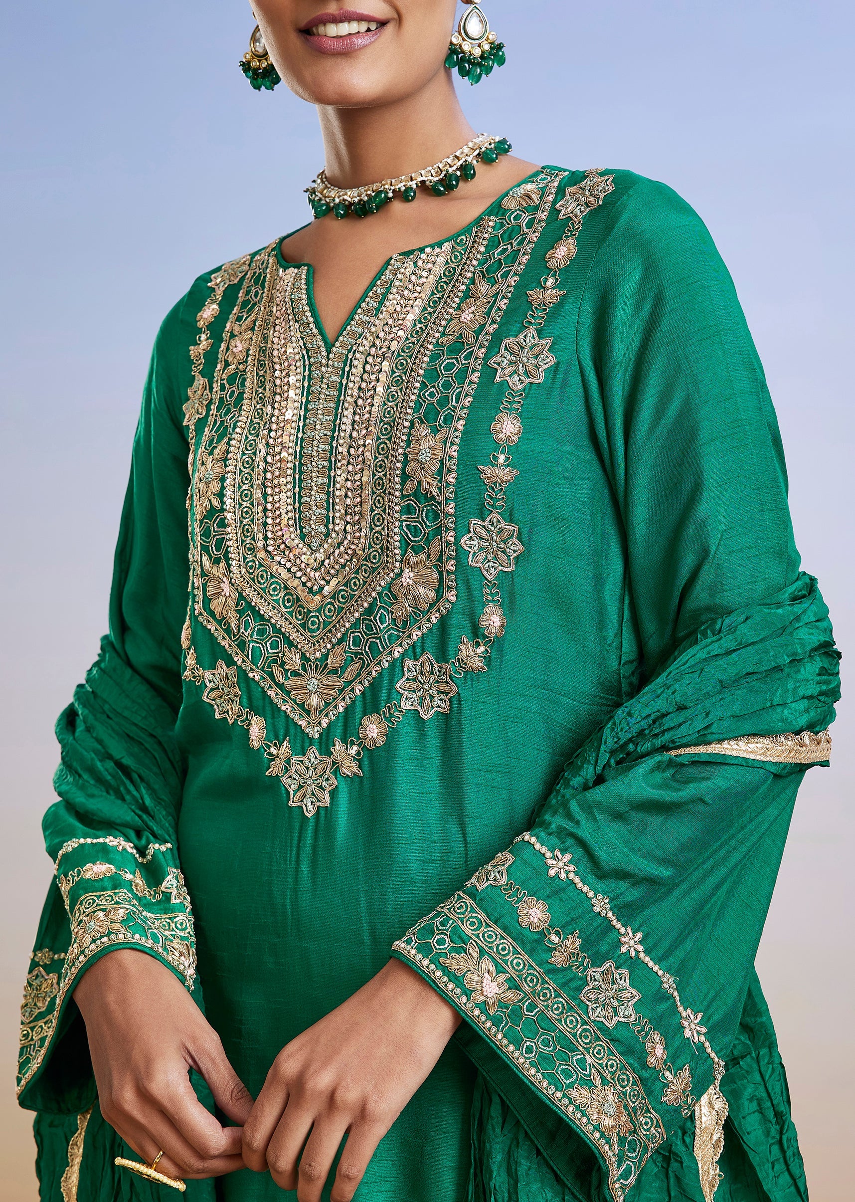 Green Festive Pair – Zardosi Suit For Her And Jacket Kurta Set For Him - Image 3