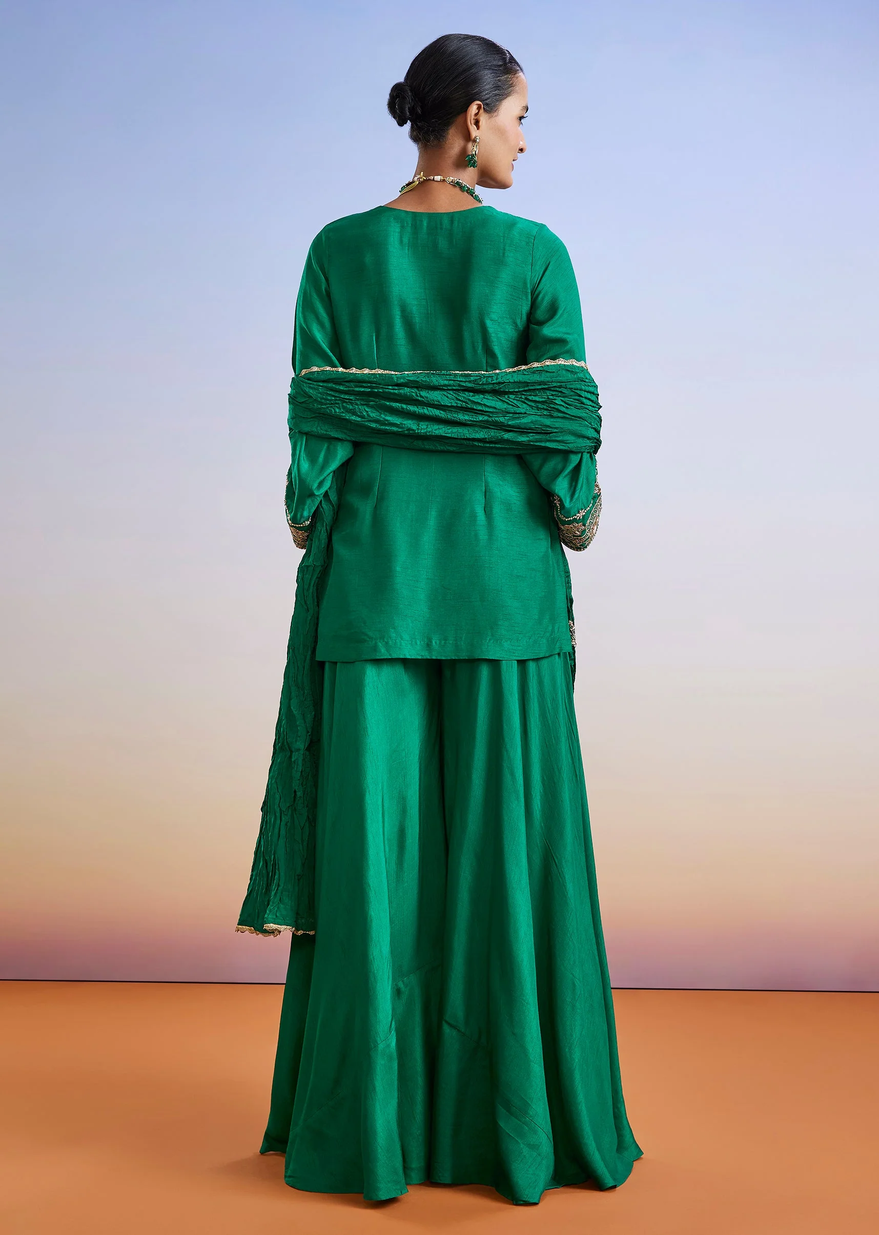 Green Festive Pair – Zardosi Suit For Her And Jacket Kurta Set For Him - Image 5
