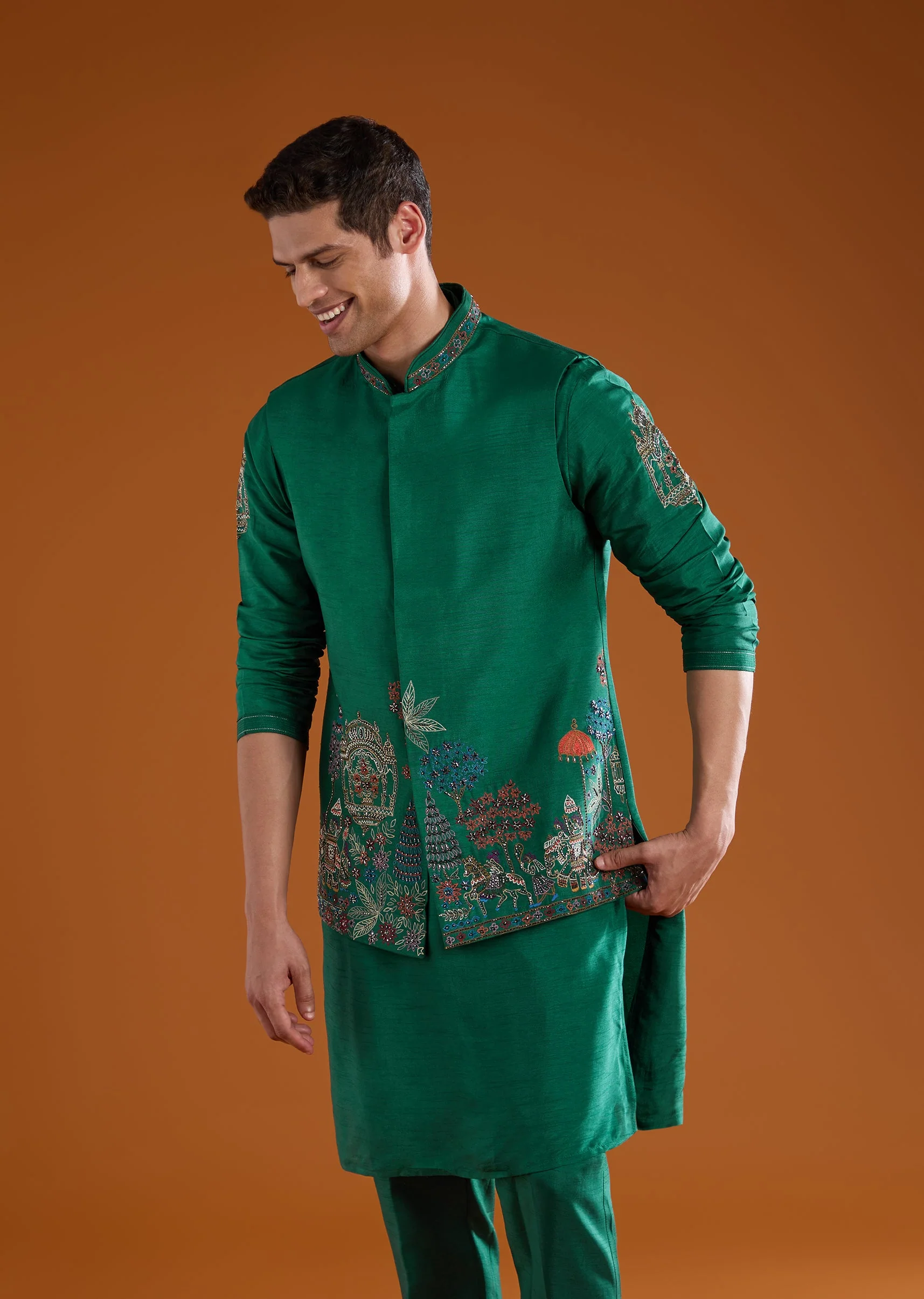 Green Festive Pair – Zardosi Suit For Her And Jacket Kurta Set For Him - Image 8