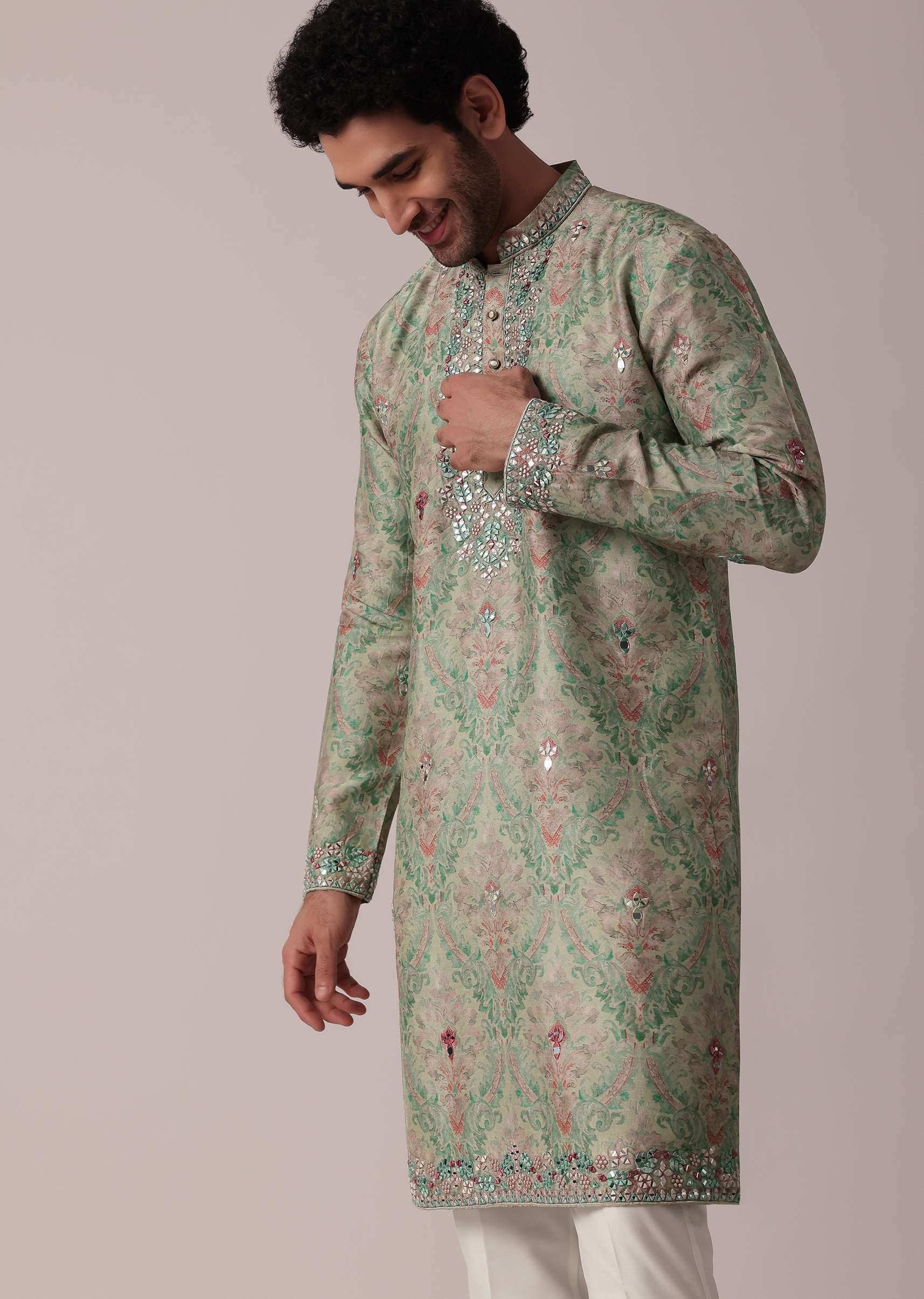 Green Festive Silk Kurta Set For Men - Image 4