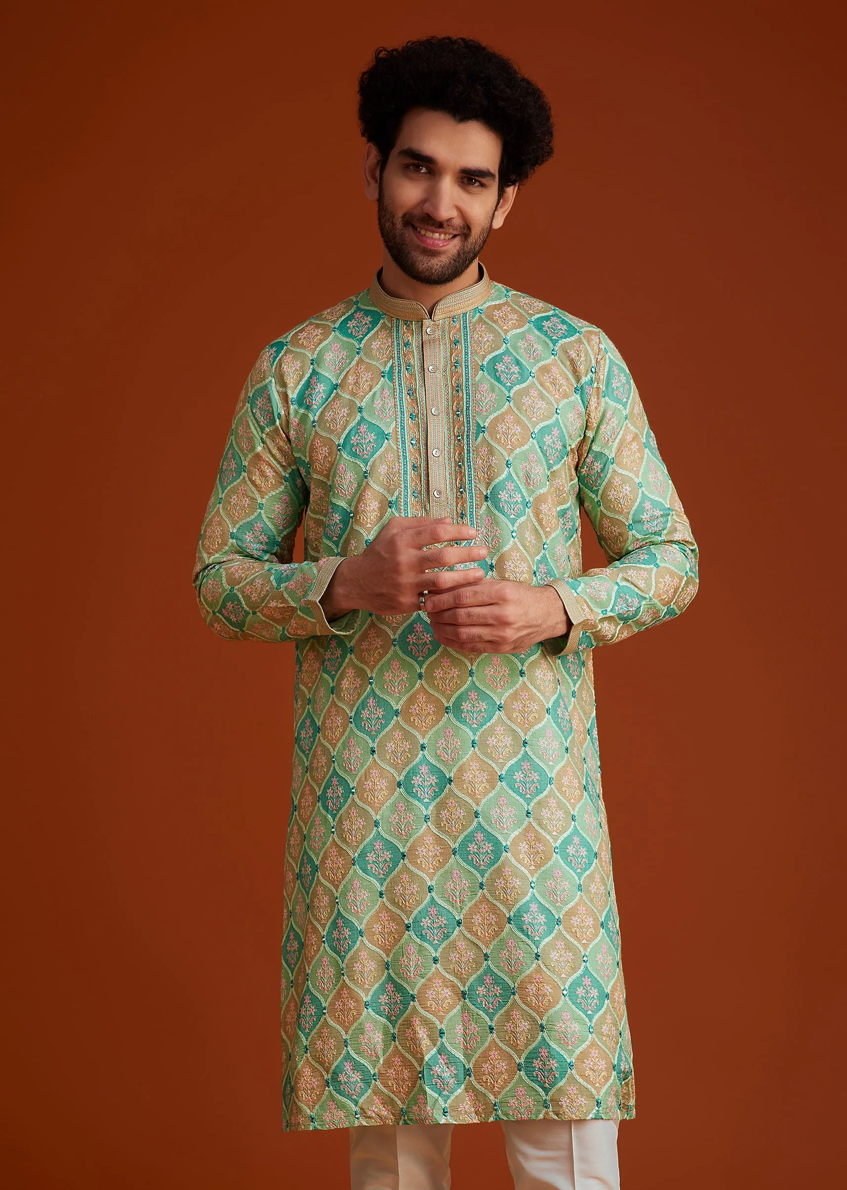 Green Floral Geometric Printed Kurta Pajama Set - Image 3