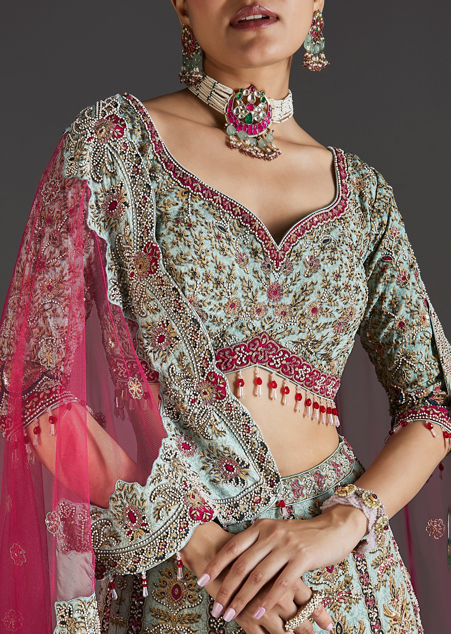 Green Floral Lehenga With Soft Shimmer - Image 3