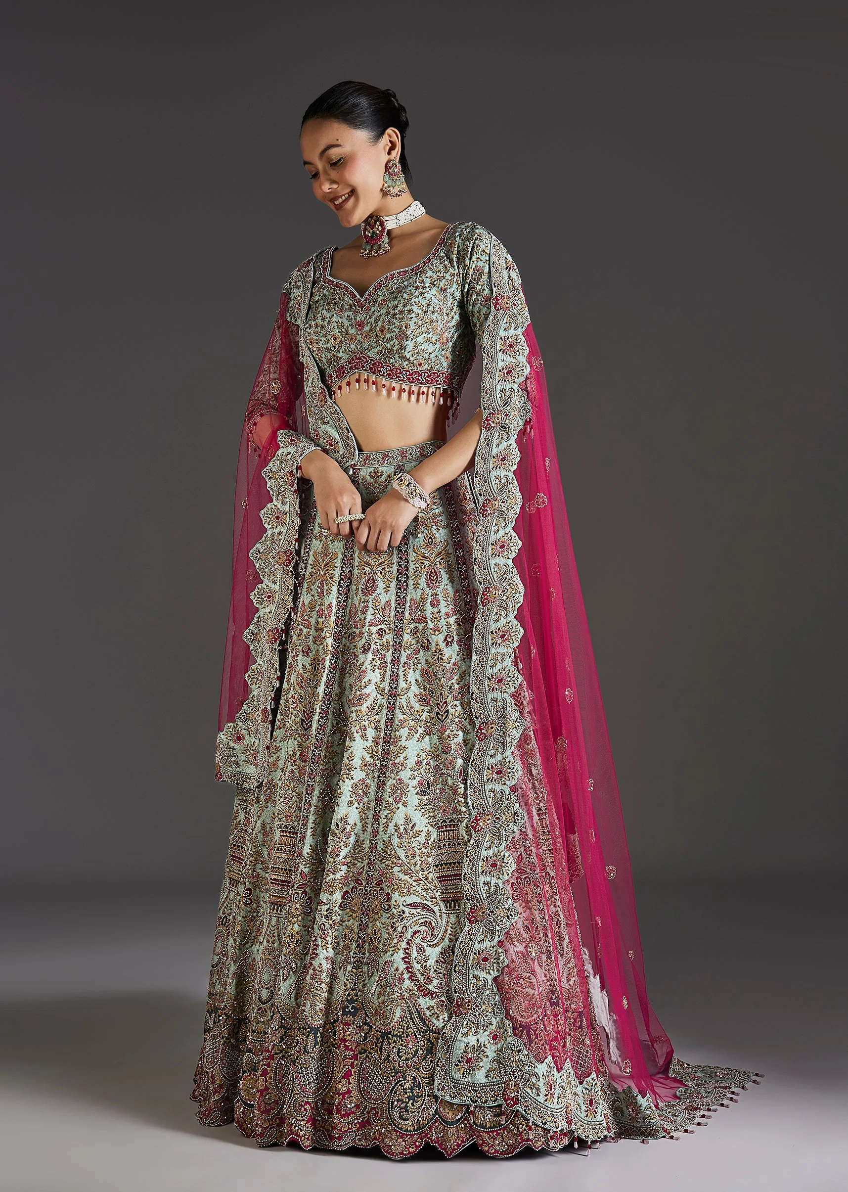 Green Floral Lehenga With Soft Shimmer - Image 4