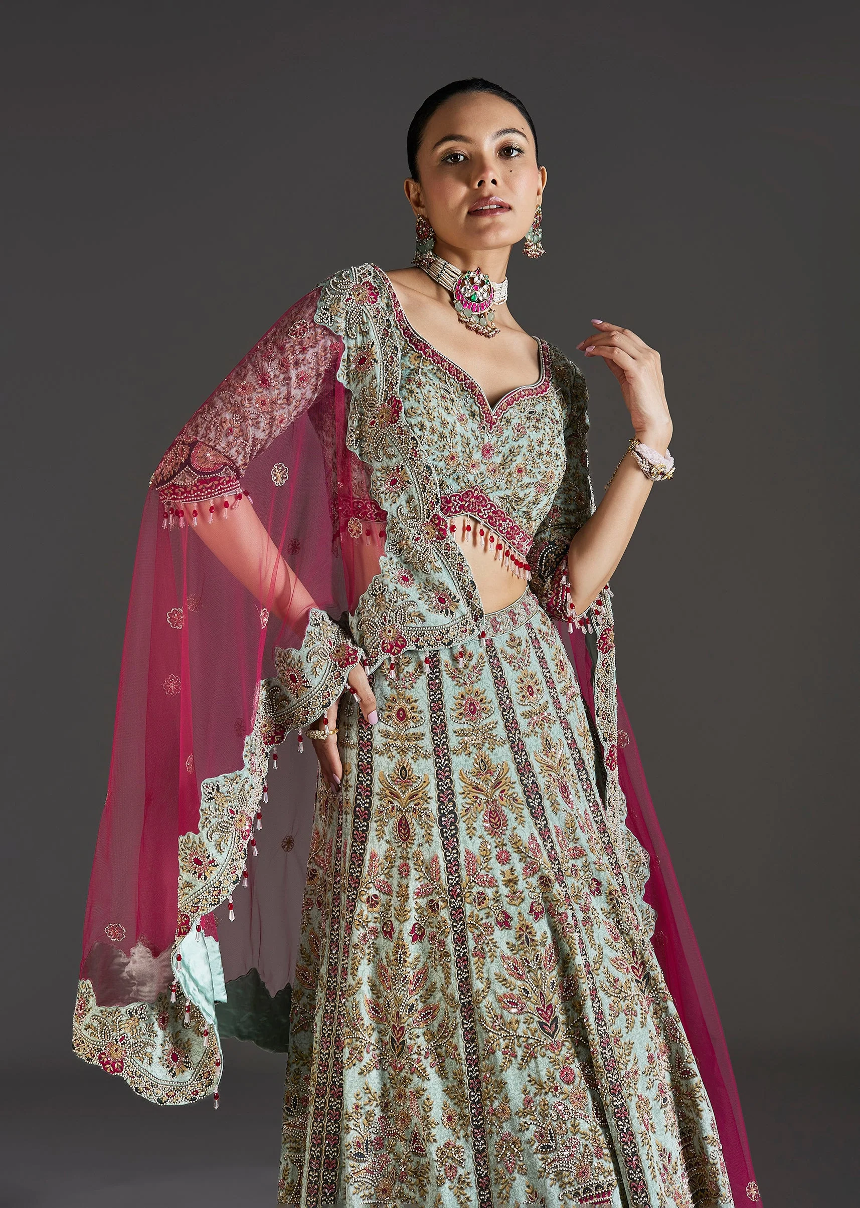 Green Floral Lehenga With Soft Shimmer - Image 5