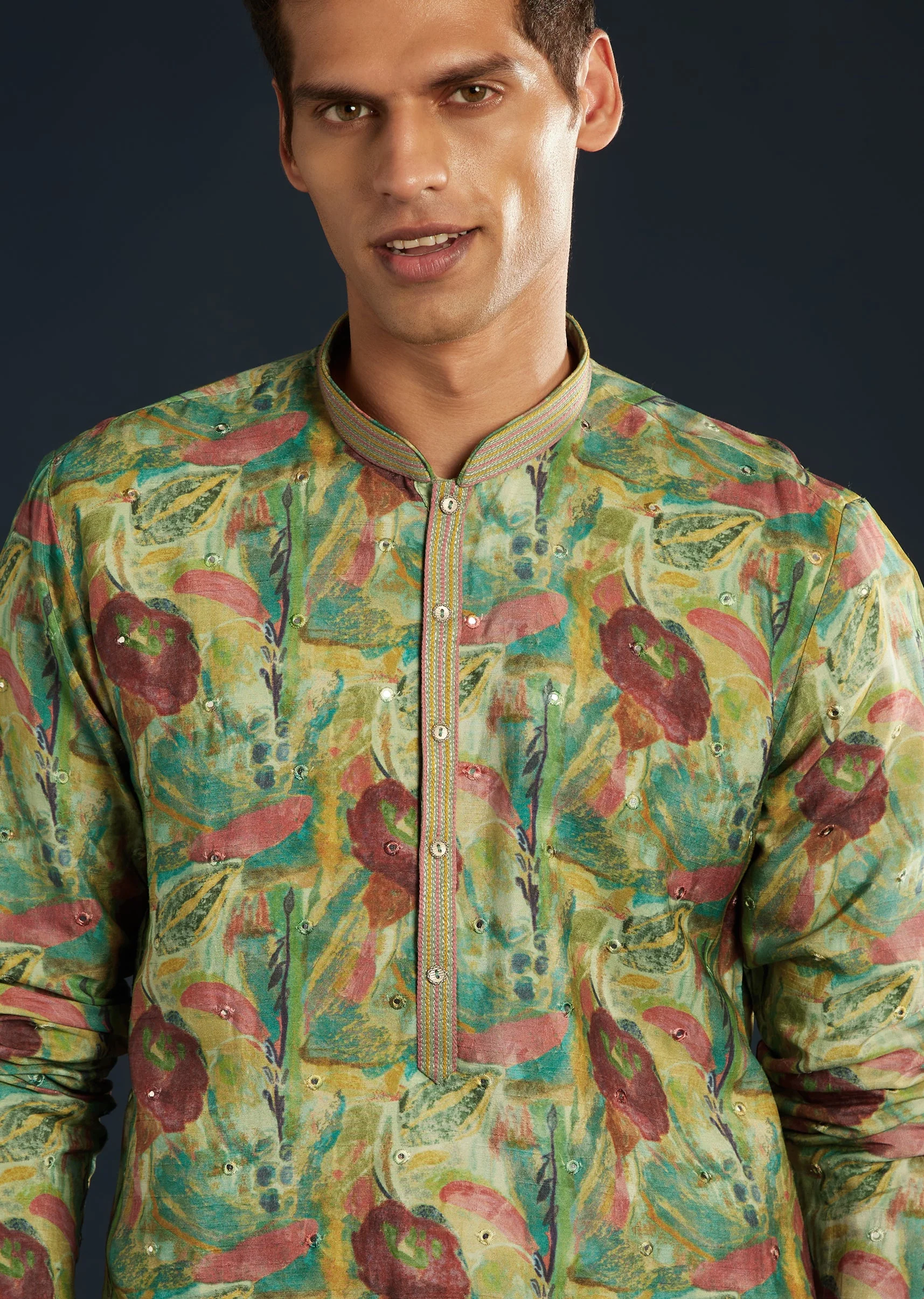 Green Floral Print Silk Kurta Set - Image 2