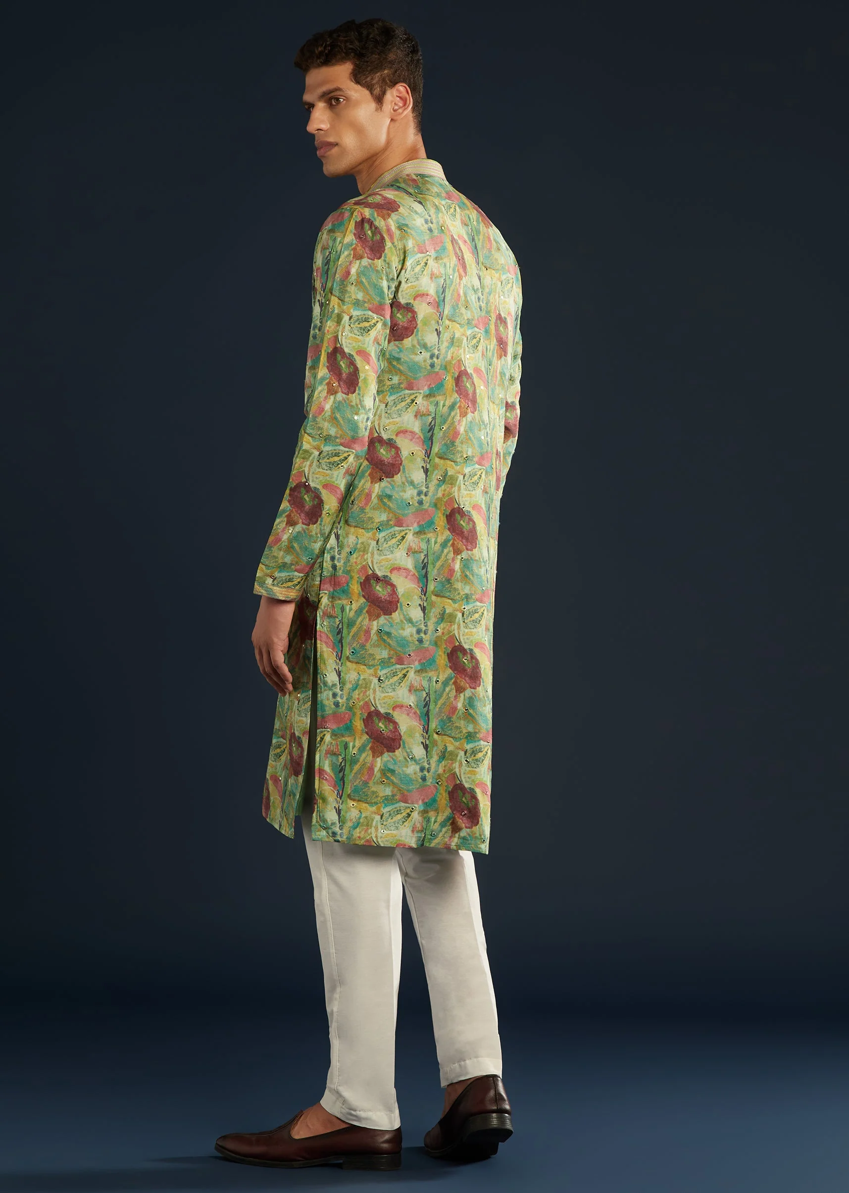 Green Floral Print Silk Kurta Set - Image 5