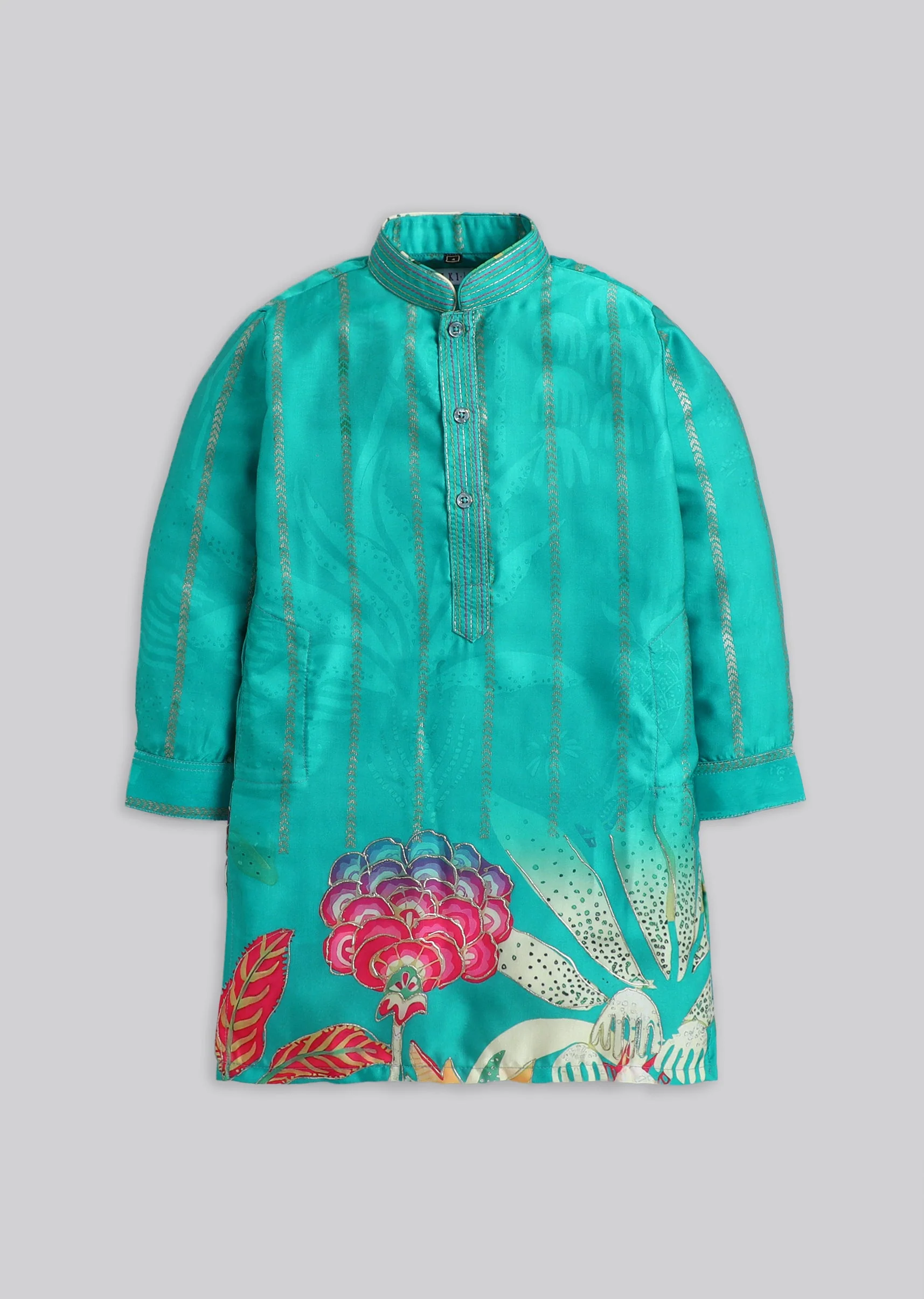 Green Floral Printed Kurta Set For Boys - Image 2