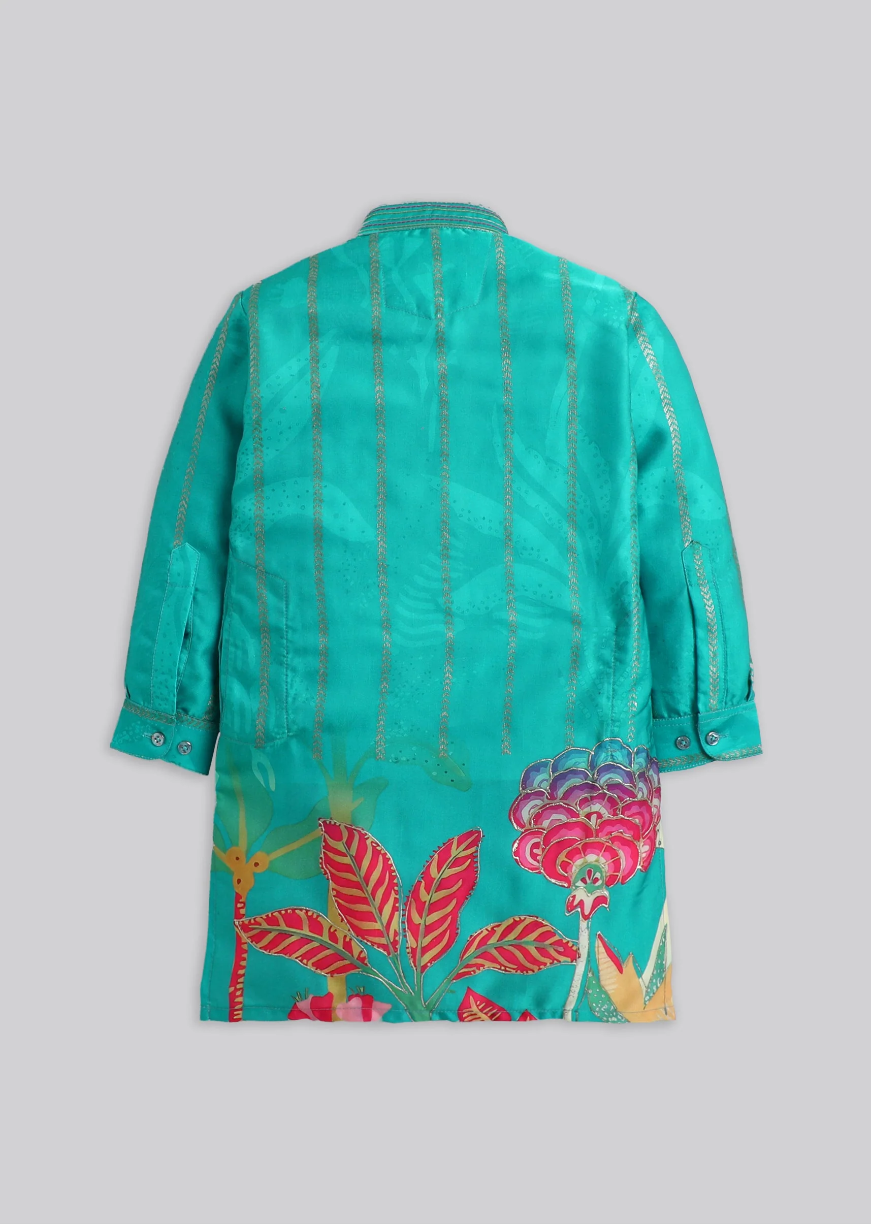 Green Floral Printed Kurta Set For Boys - Image 3