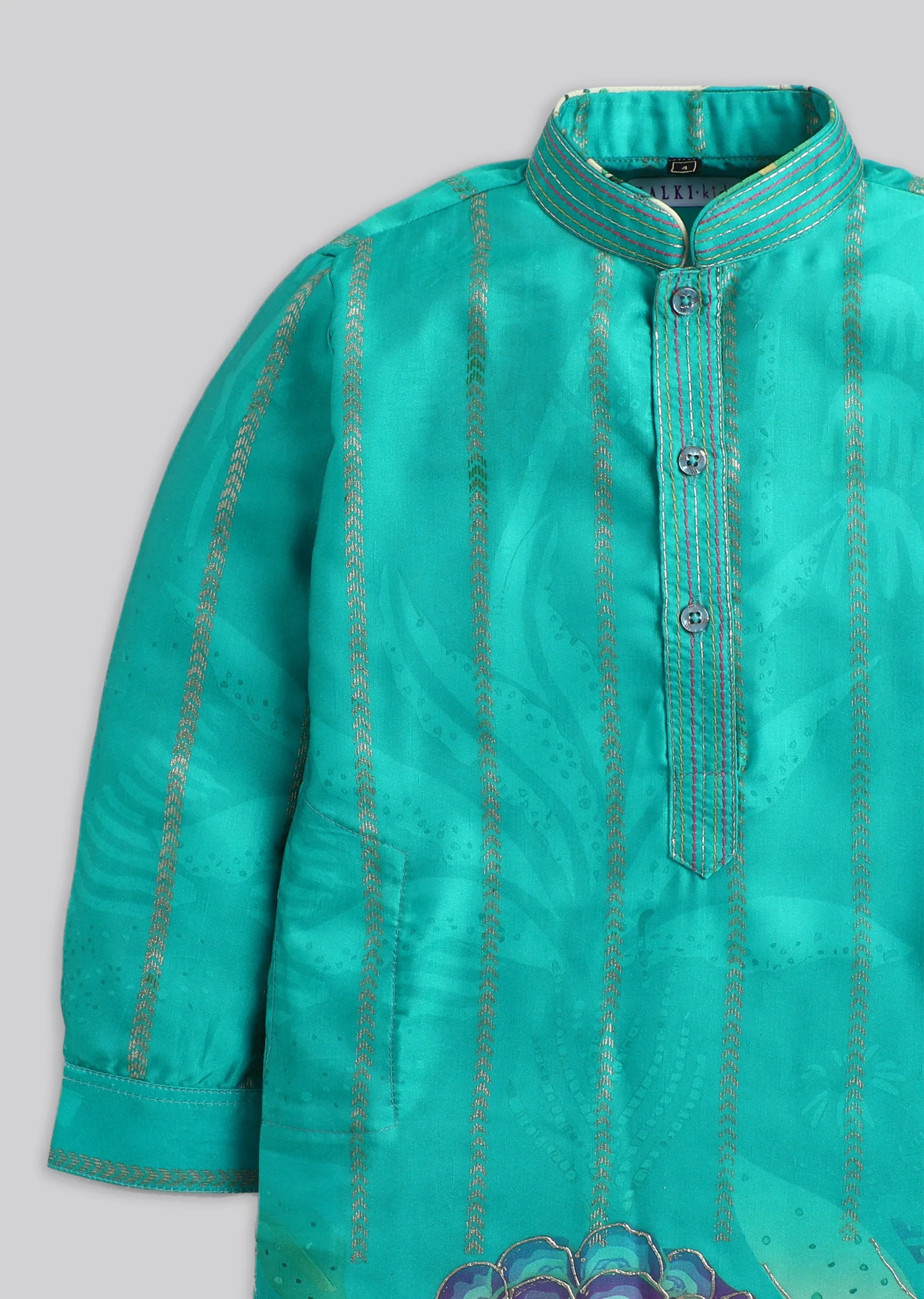 Green Floral Printed Kurta Set For Boys - Image 5
