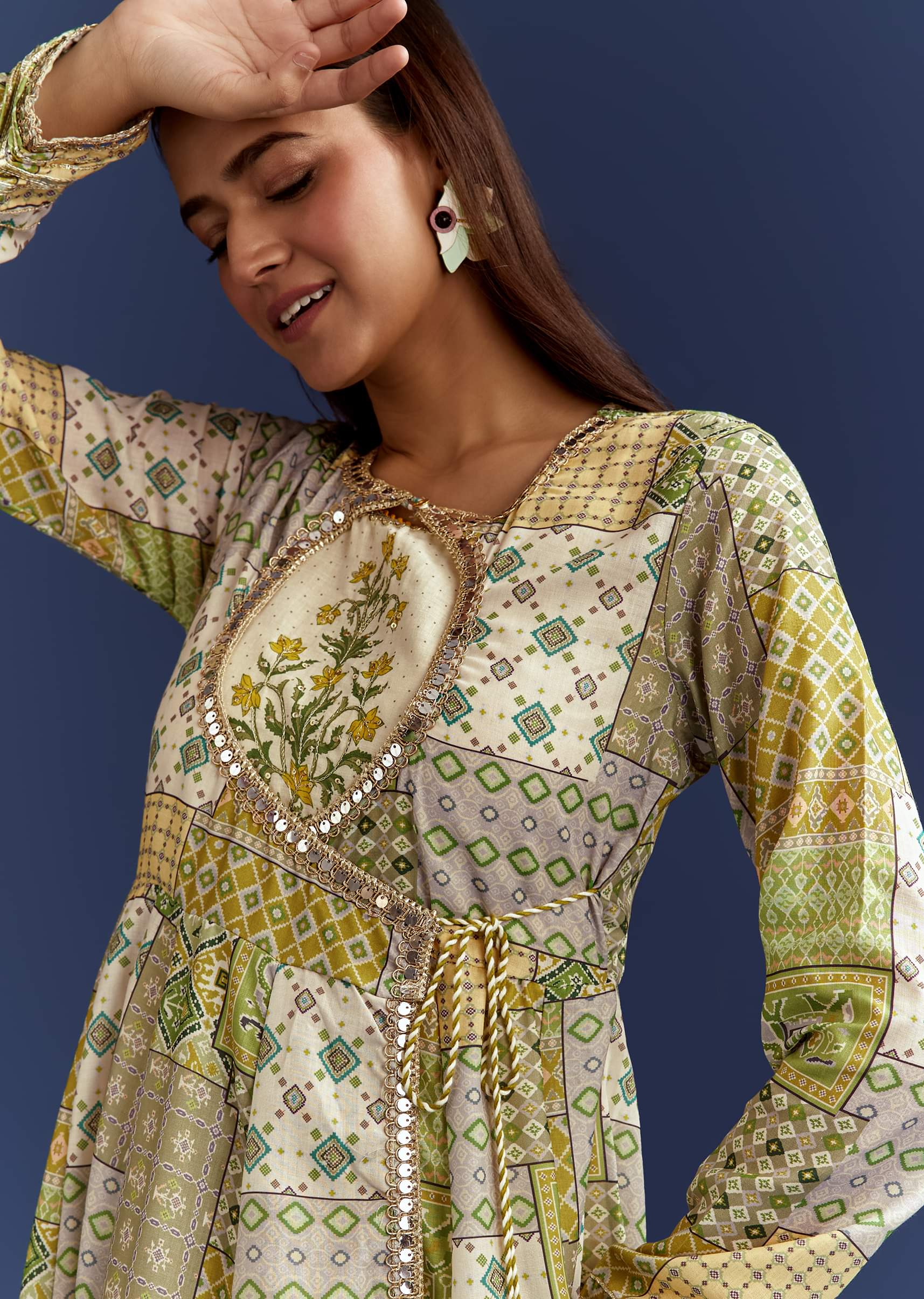 Green Floral Sleeveless Kurti With Gotta Lace And Angrakha Jacket - Image 3