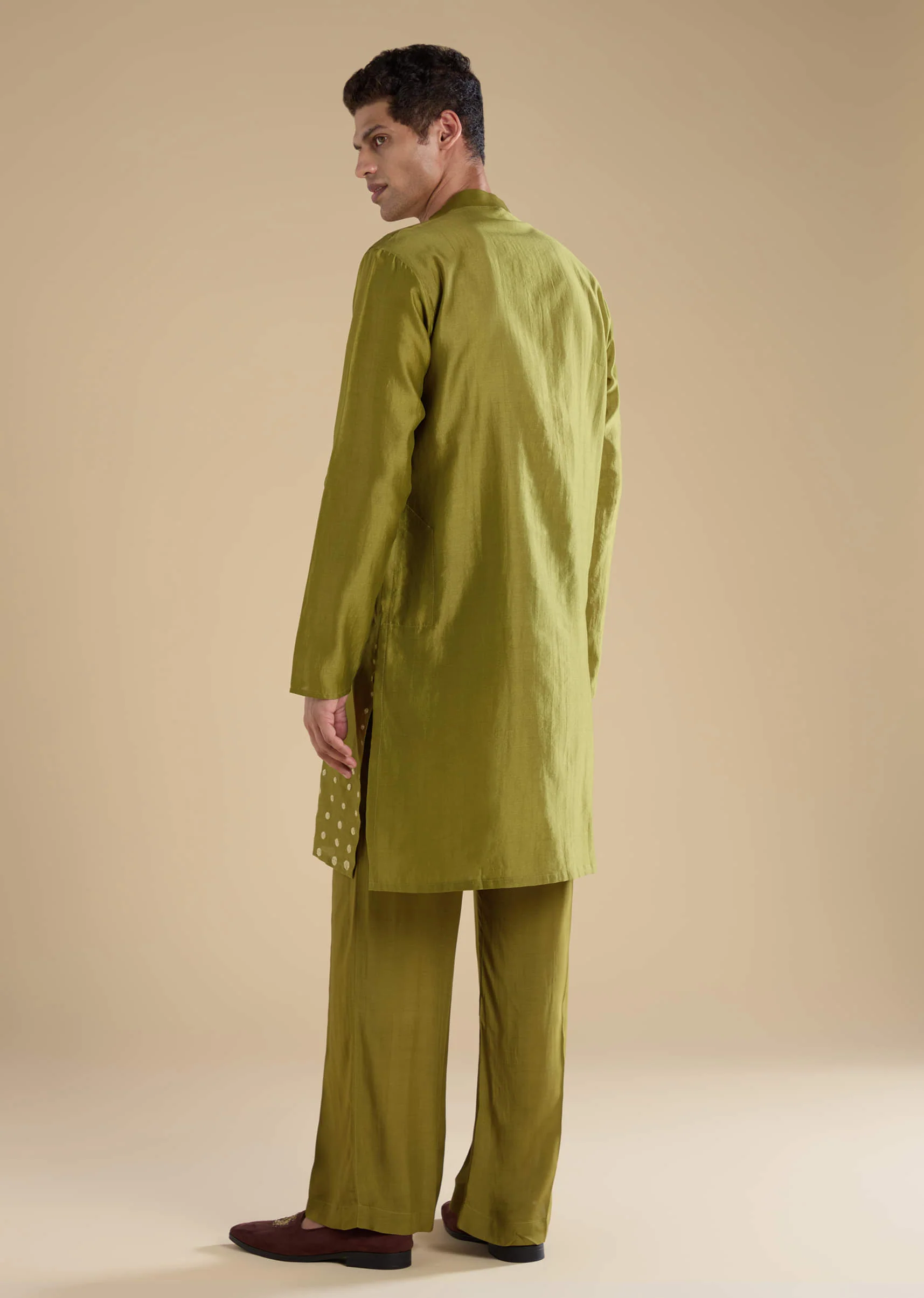 Green Foil Applique Chanderi Work Straight Mens Kurta Set - Image 5