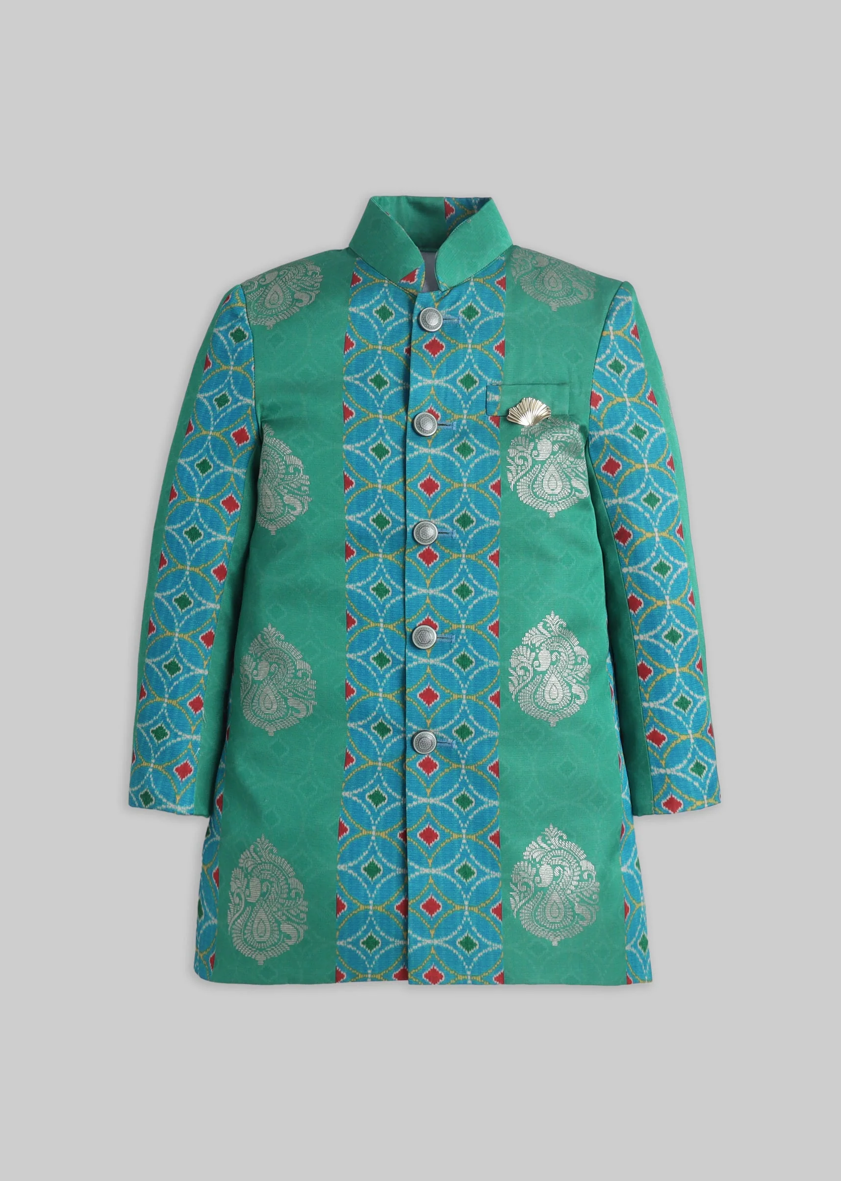Green Foil Printed Kurta Set For Boys - Image 2