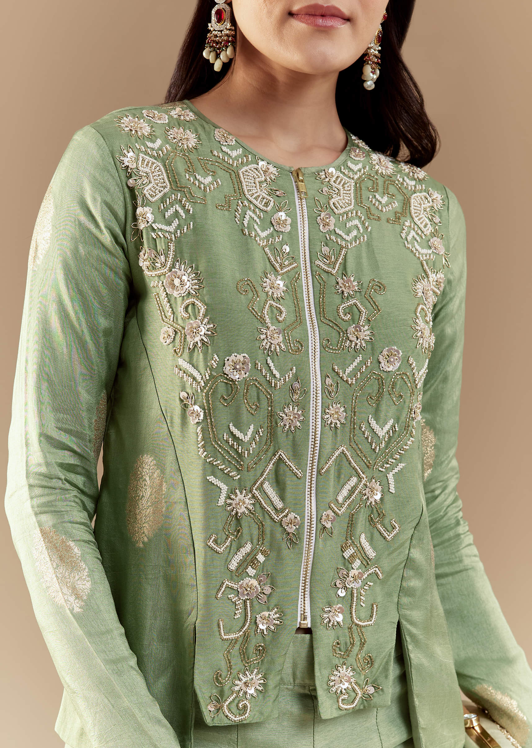 Green Fusion Silk Crop Top and Pant Set with Moti Work - Image 2