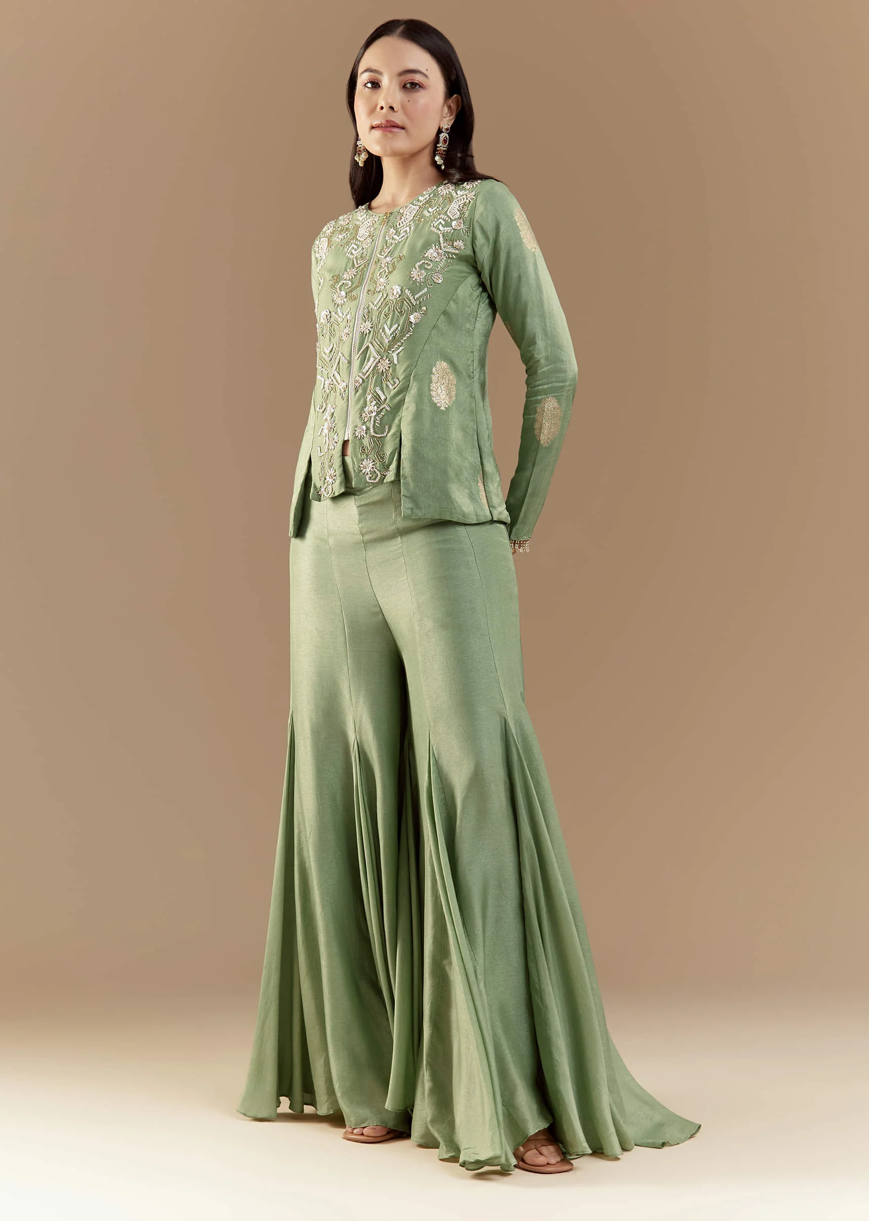 Green Fusion Silk Crop Top and Pant Set with Moti Work - Image 3