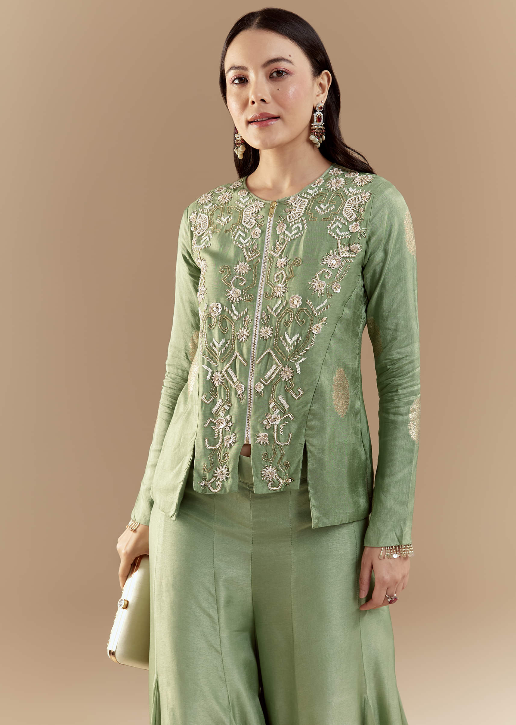 Green Fusion Silk Crop Top and Pant Set with Moti Work - Image 4