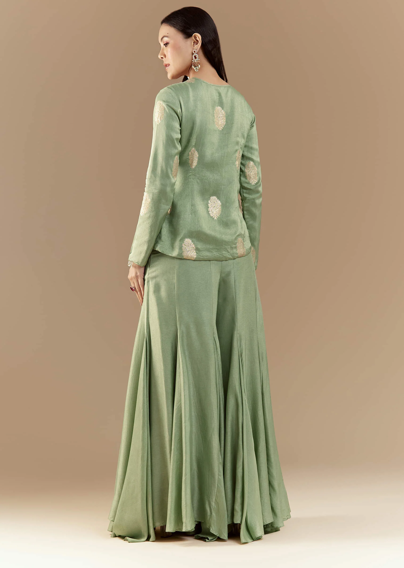 Green Fusion Silk Crop Top and Pant Set with Moti Work - Image 5