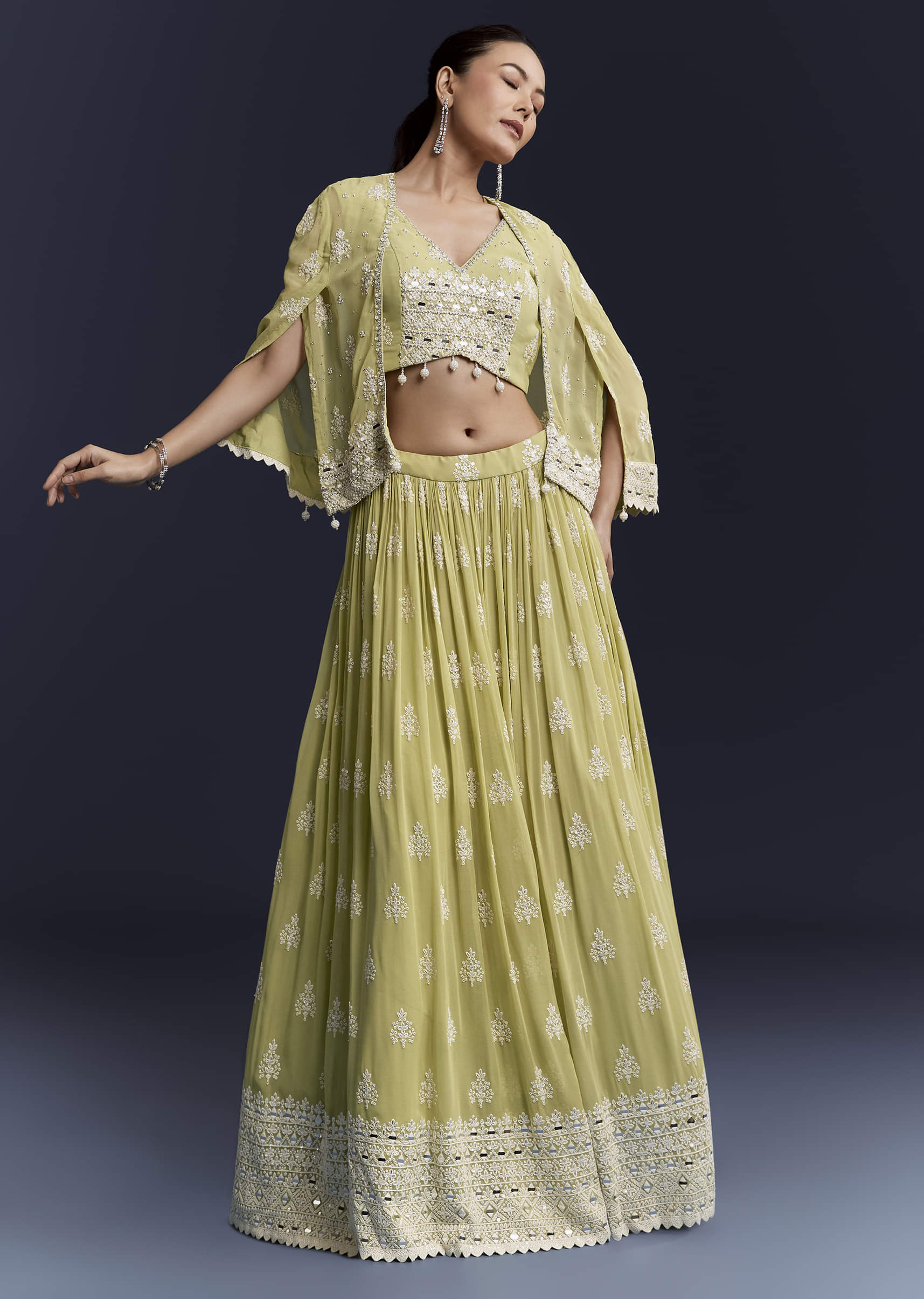 Green Georgette Bridesmaid Lehenga With Sequins And Thread Work - Image 4
