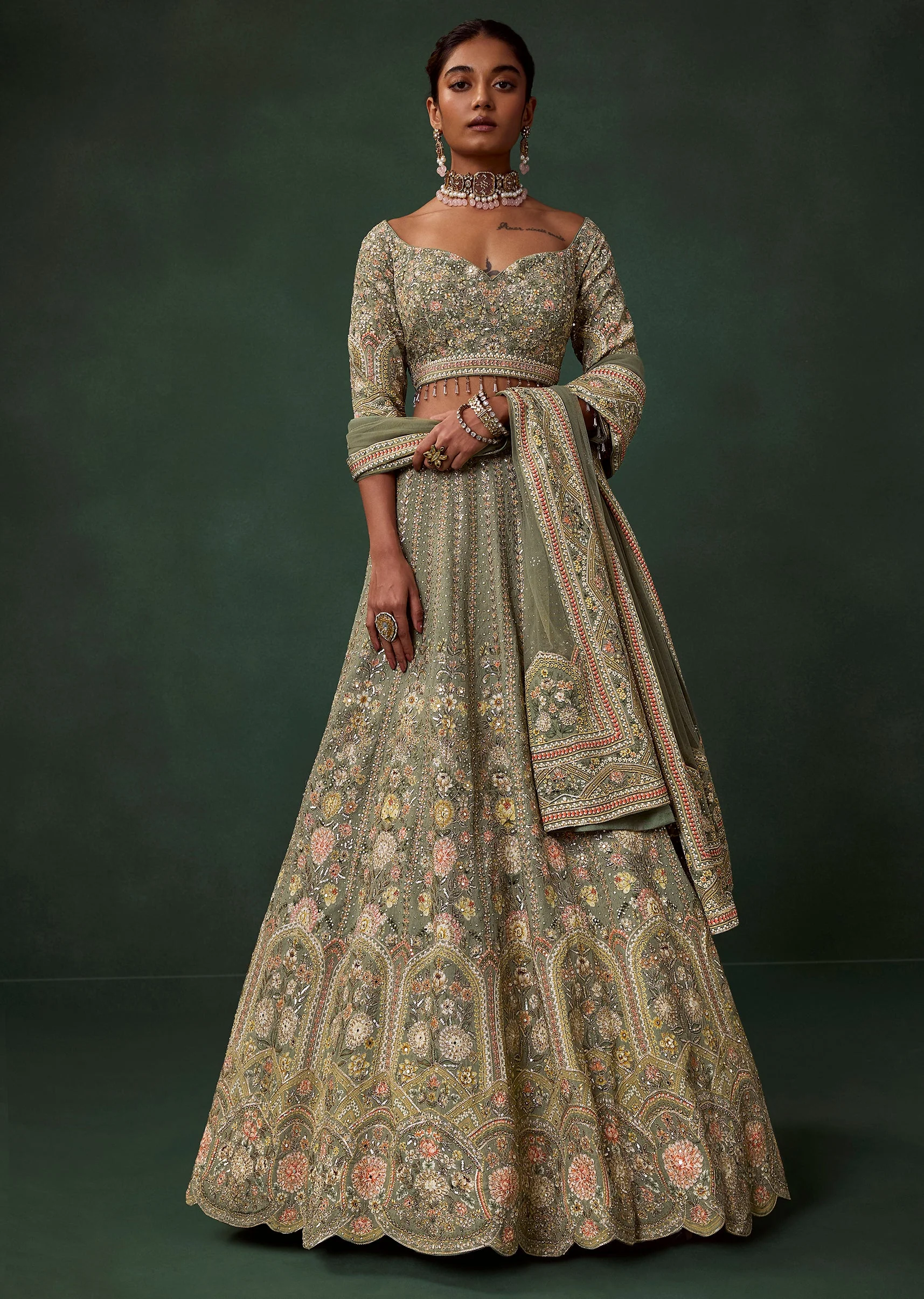 Green Georgette Kali Bridal Lehenga Set with Embroidery