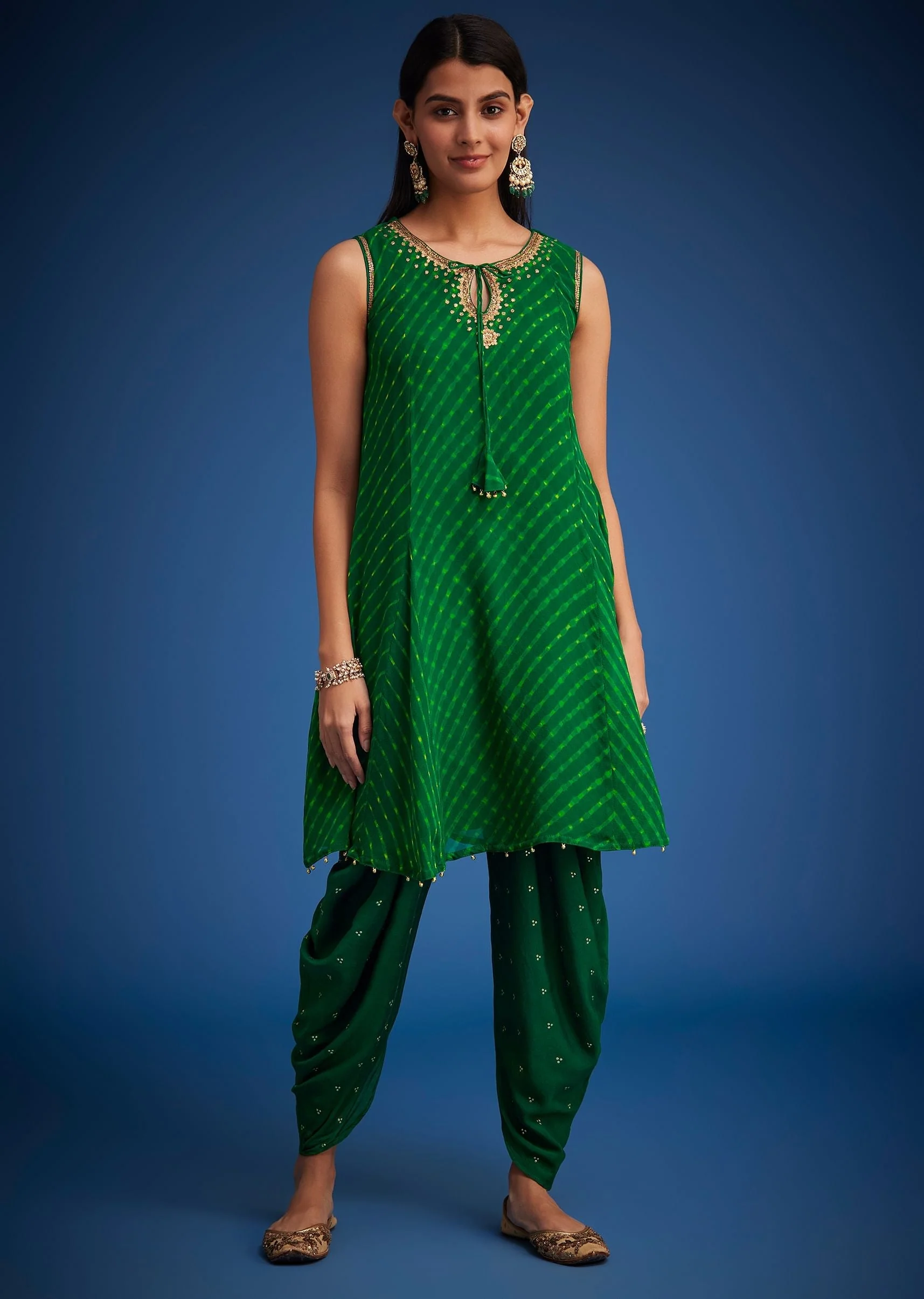 Green Georgette Leheriya Embroidered Dhoti Set - Image 3