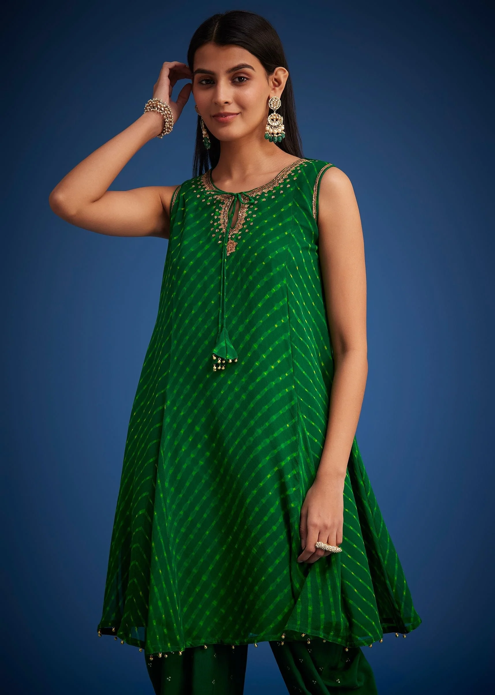 Green Georgette Leheriya Embroidered Dhoti Set - Image 4
