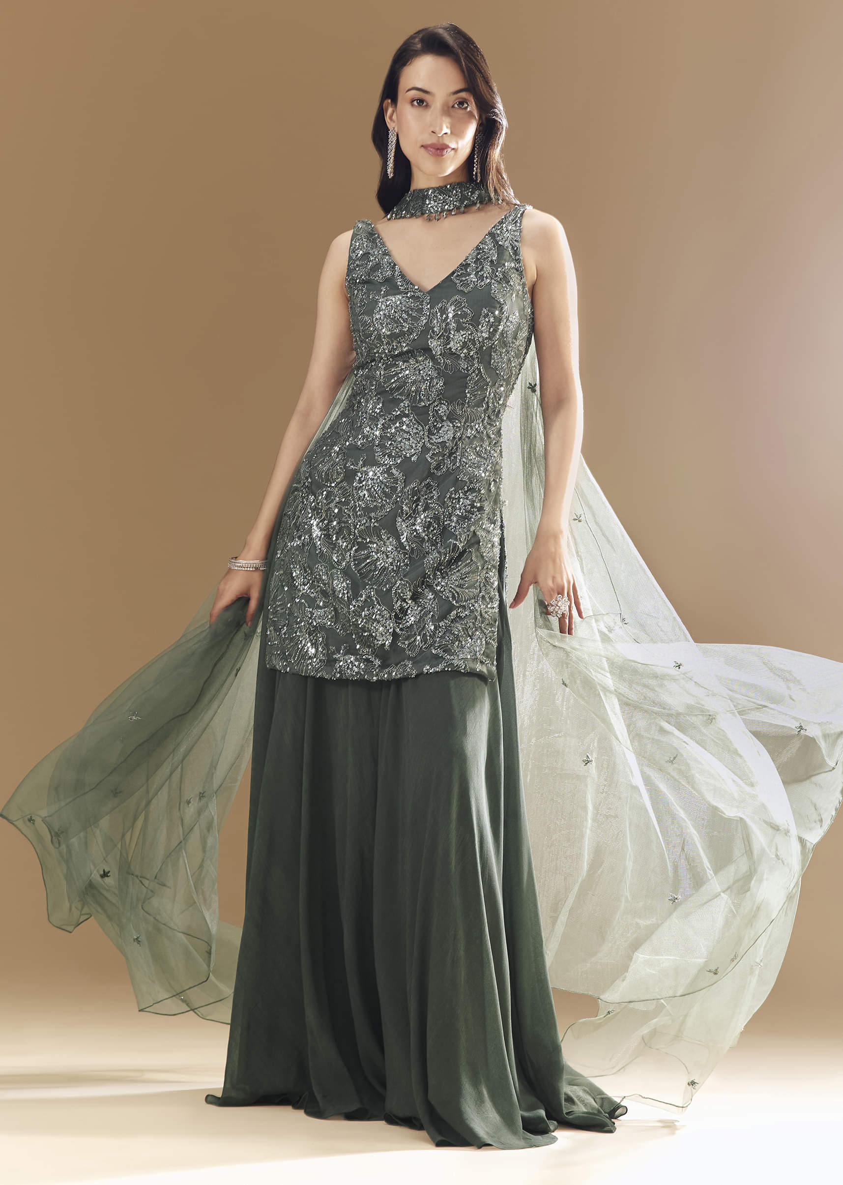 Green Georgette Palazzo Set with Choker Dupatta