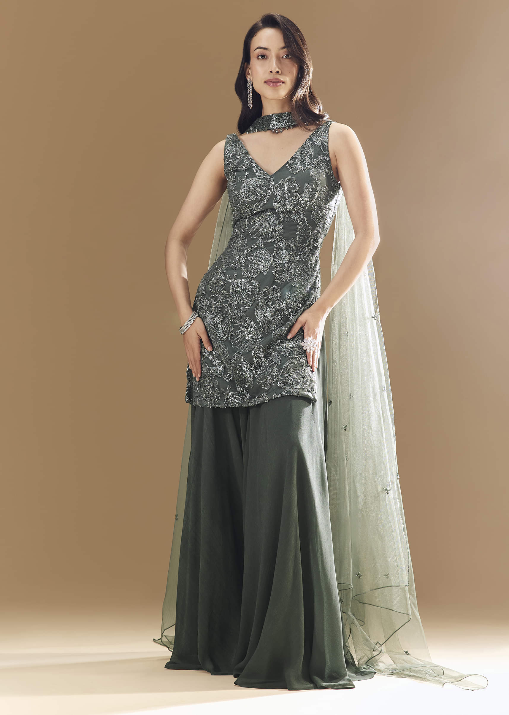 Green Georgette Palazzo Set with Choker Dupatta - Image 4