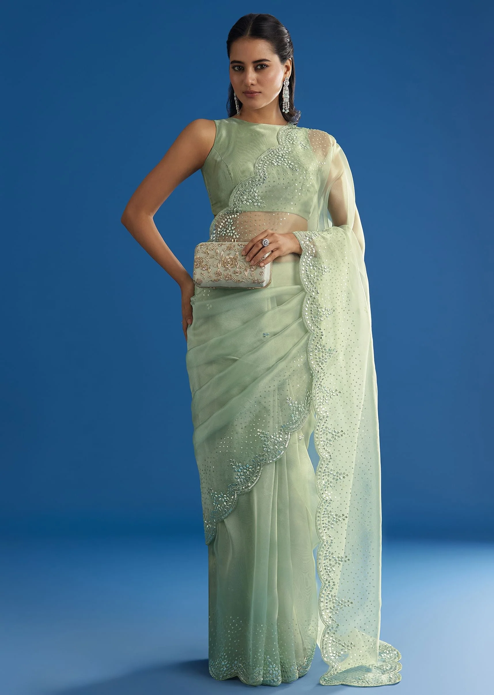 Green Glass Tissue Saree With All Over Cutdana And Sequins Embroidery - Image 3