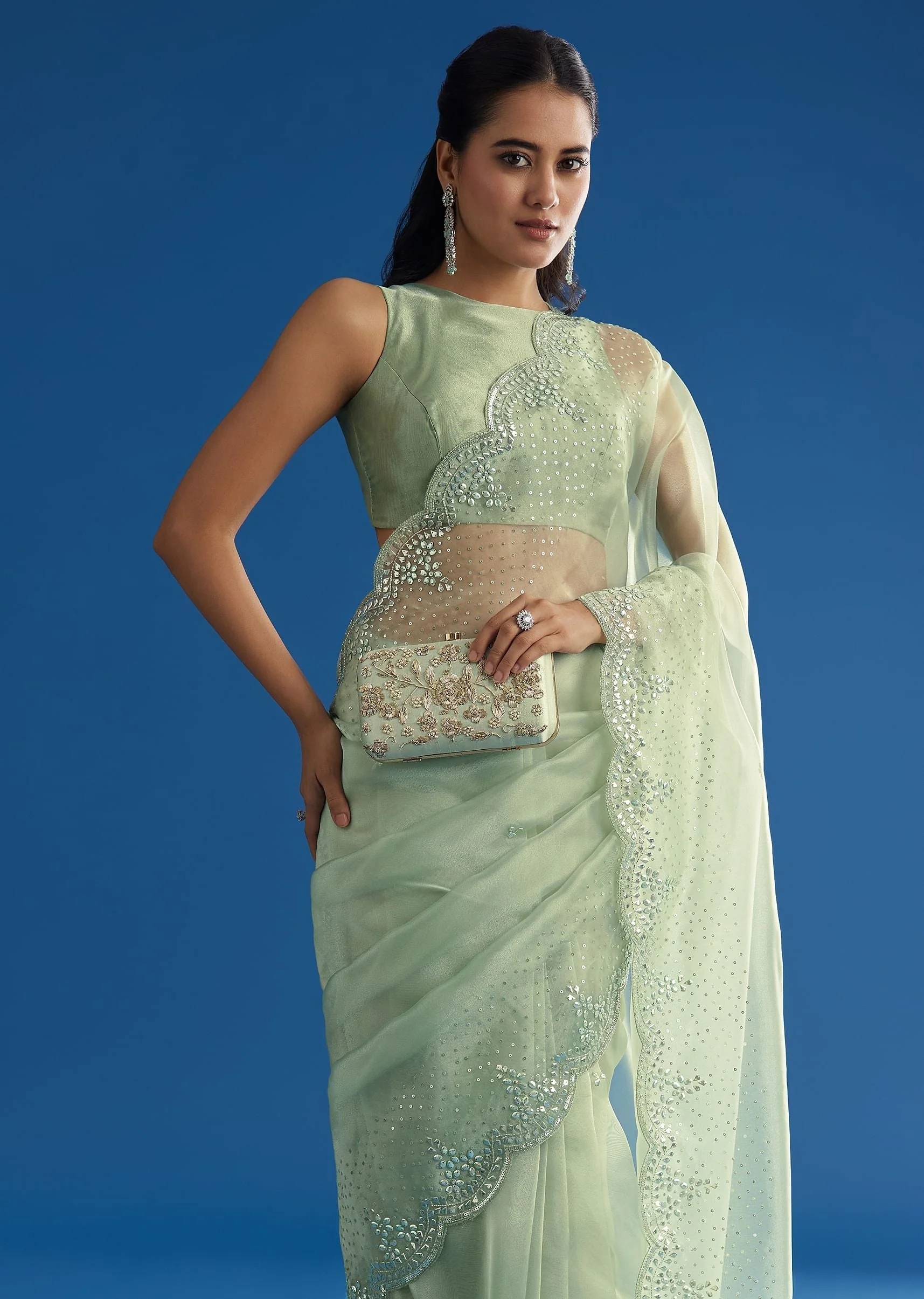 Green Glass Tissue Saree With All Over Cutdana And Sequins Embroidery - Image 5