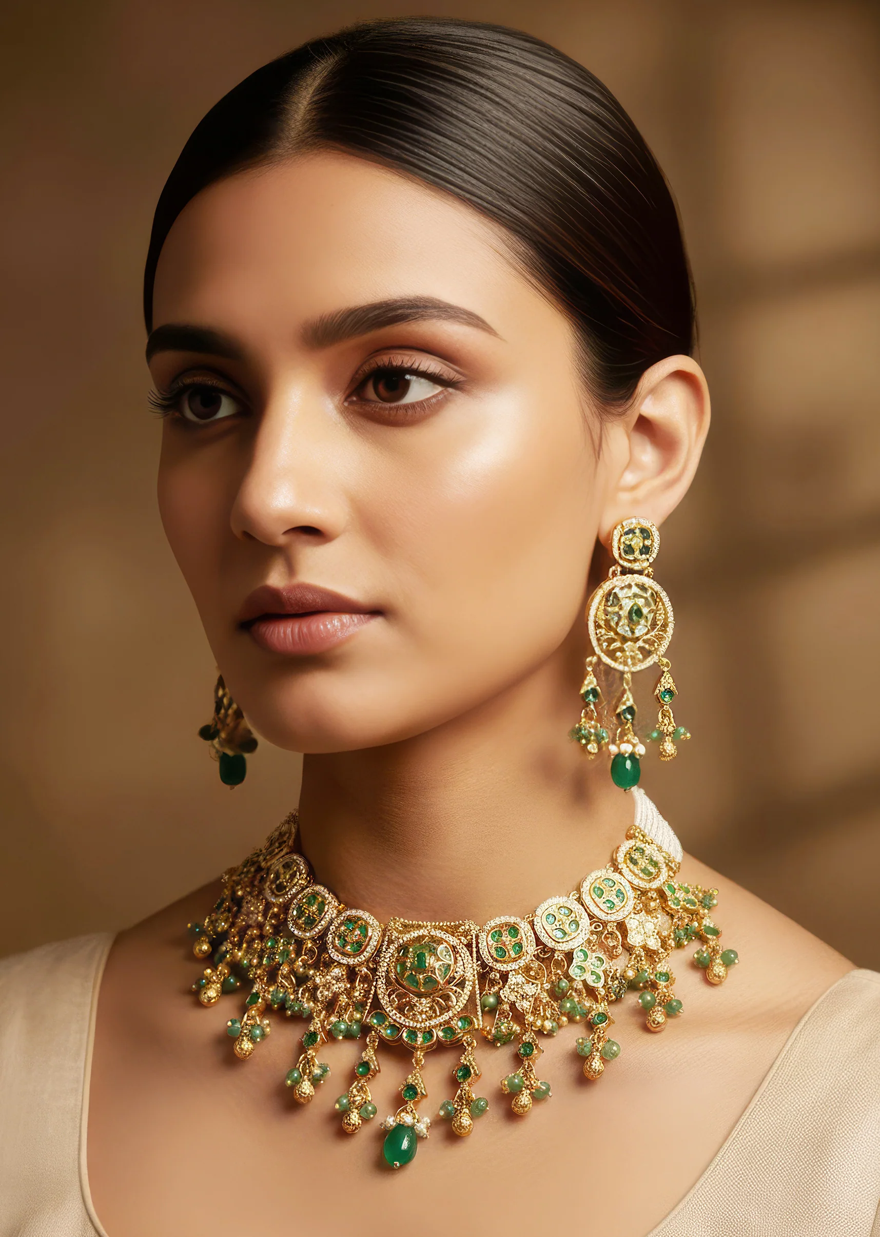 Green Gold Necklace Set With Elegant Kundan Detail