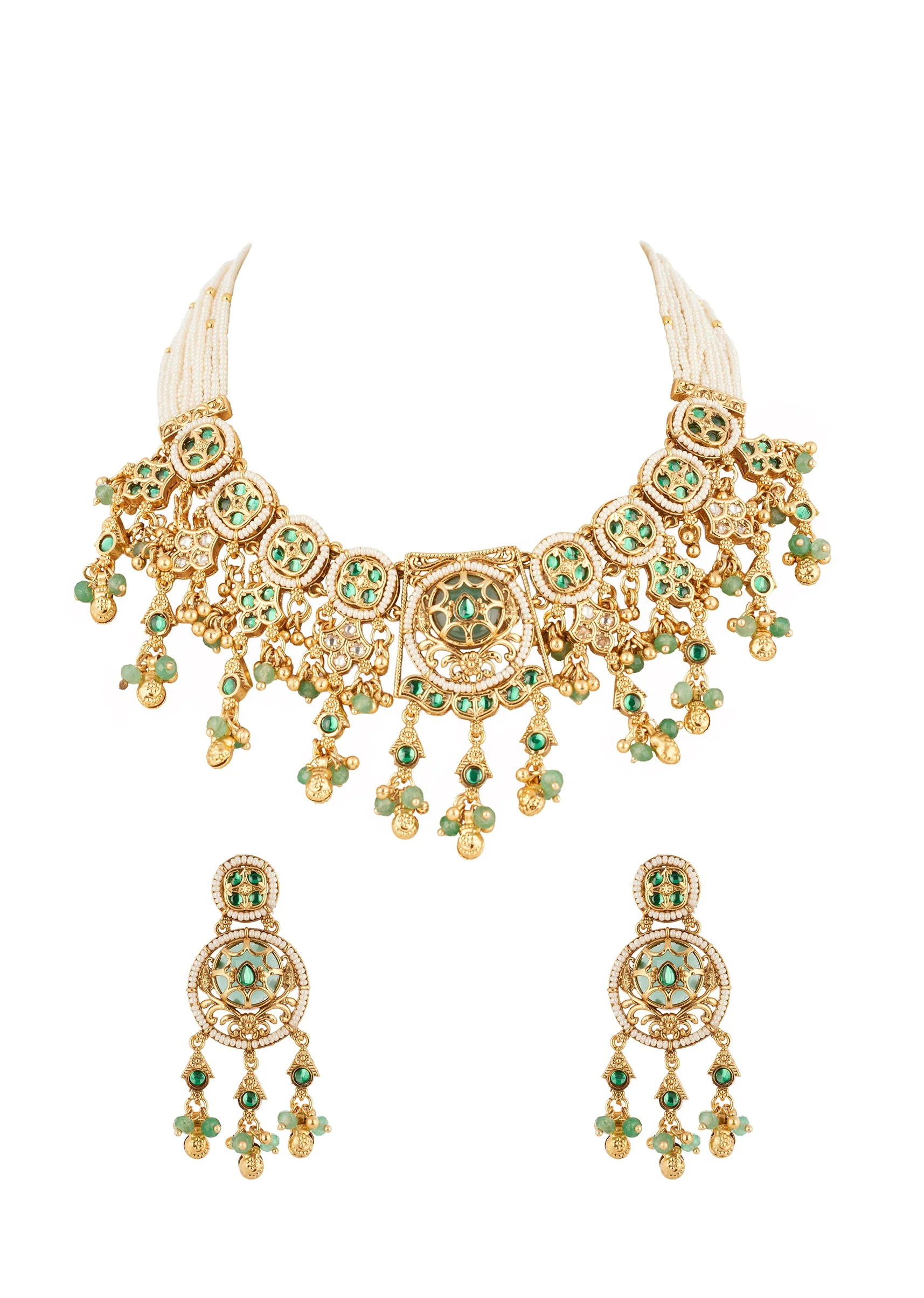 Green Gold Necklace Set With Elegant Kundan Detail - Image 2