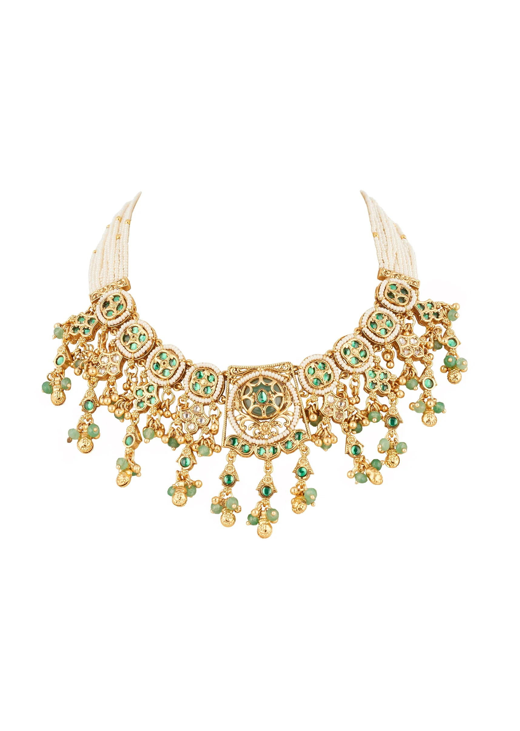 Green Gold Necklace Set With Elegant Kundan Detail - Image 3