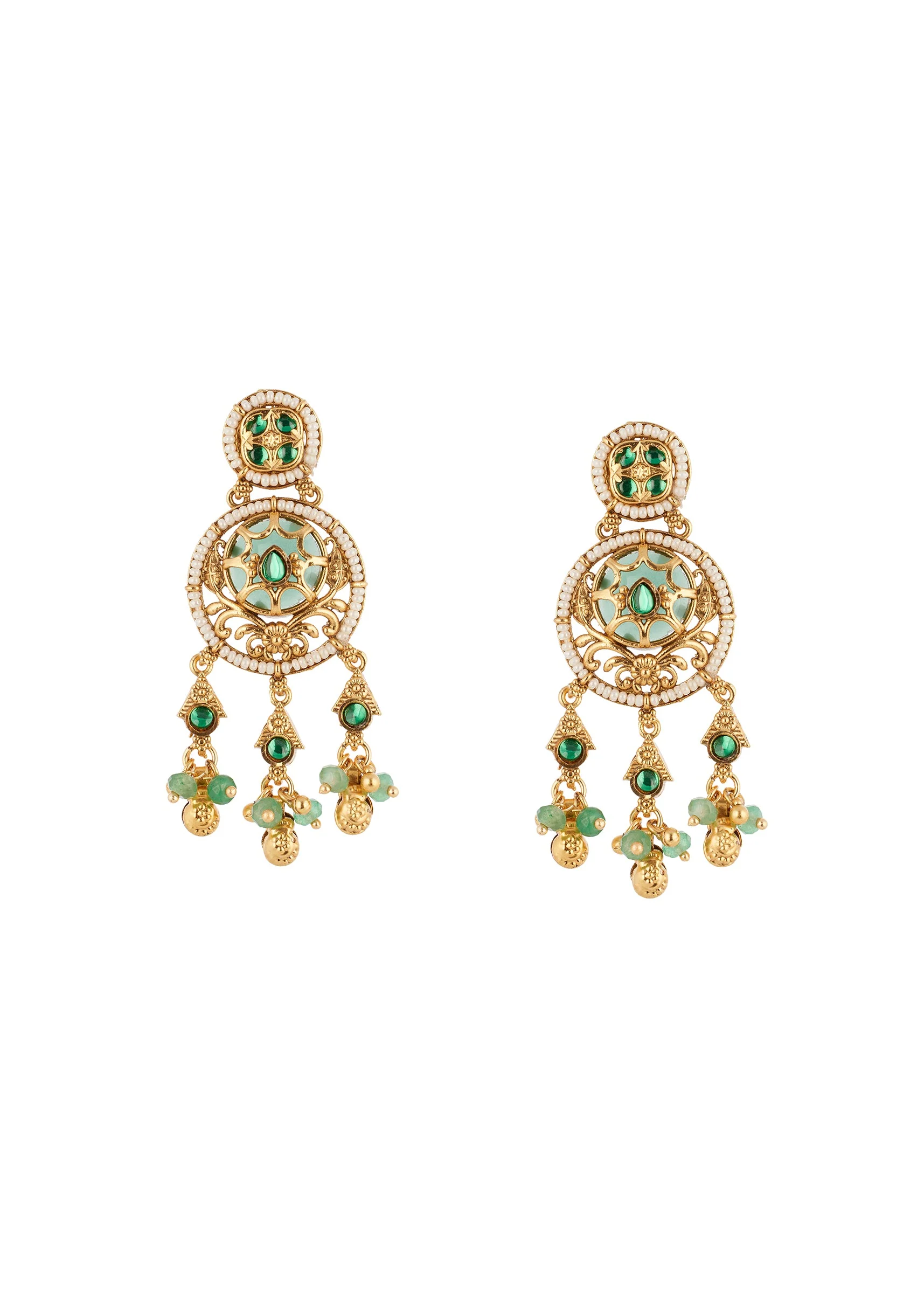 Green Gold Necklace Set With Elegant Kundan Detail - Image 4