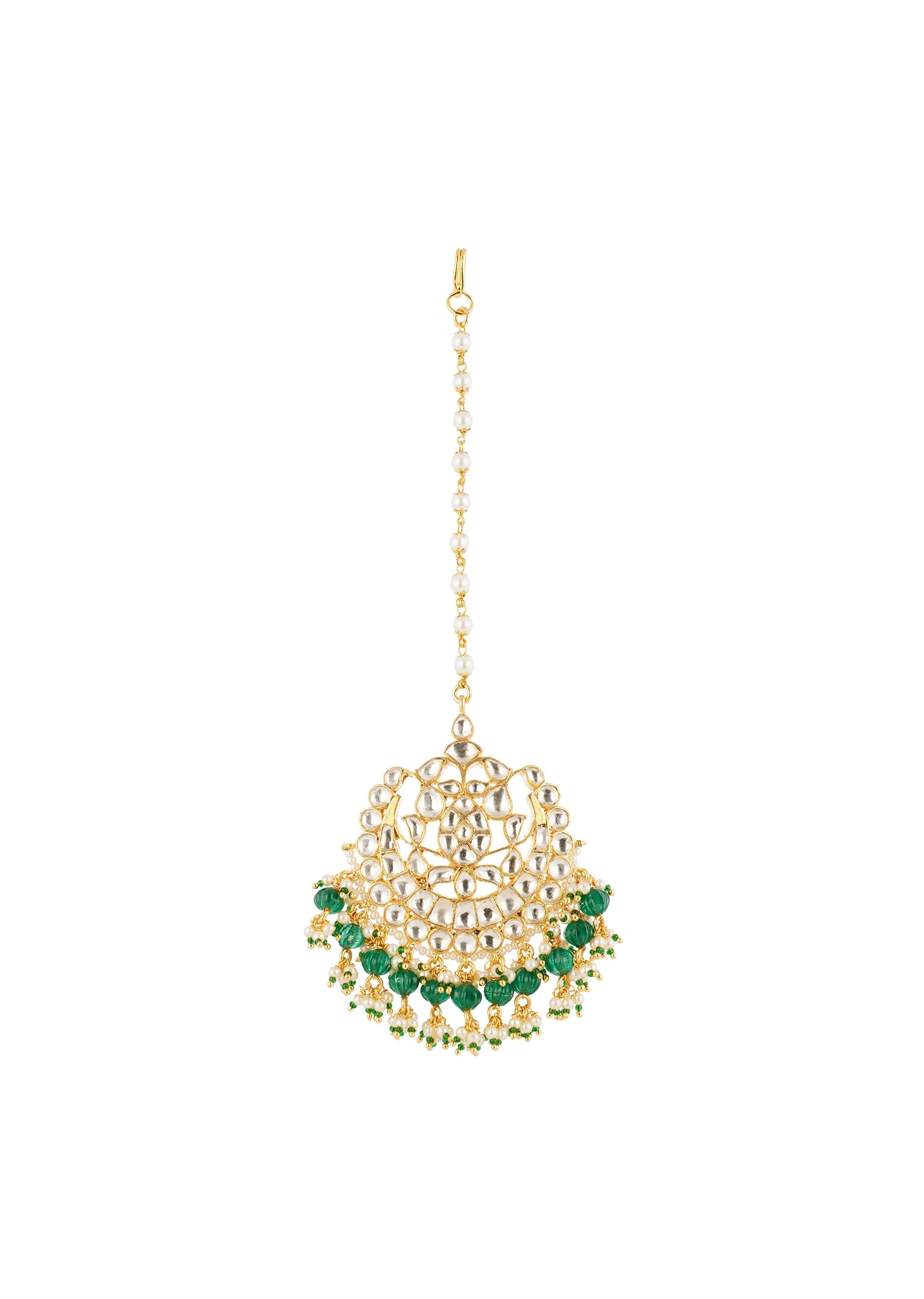 Green Gold Necklace Set With Intricate Kundan Detail - Image 3