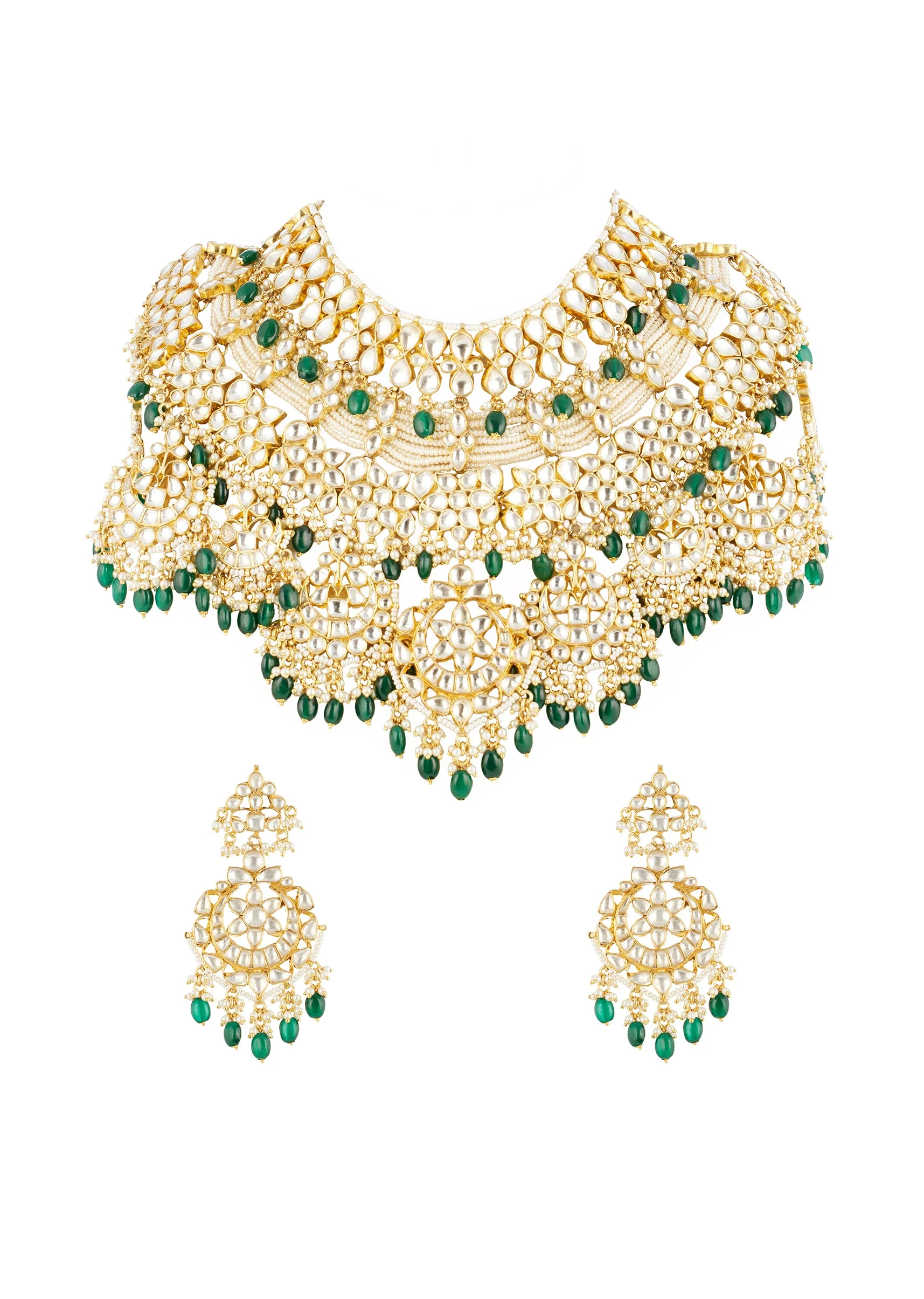 Green Gold Necklace Set With Intricate Kundan Details