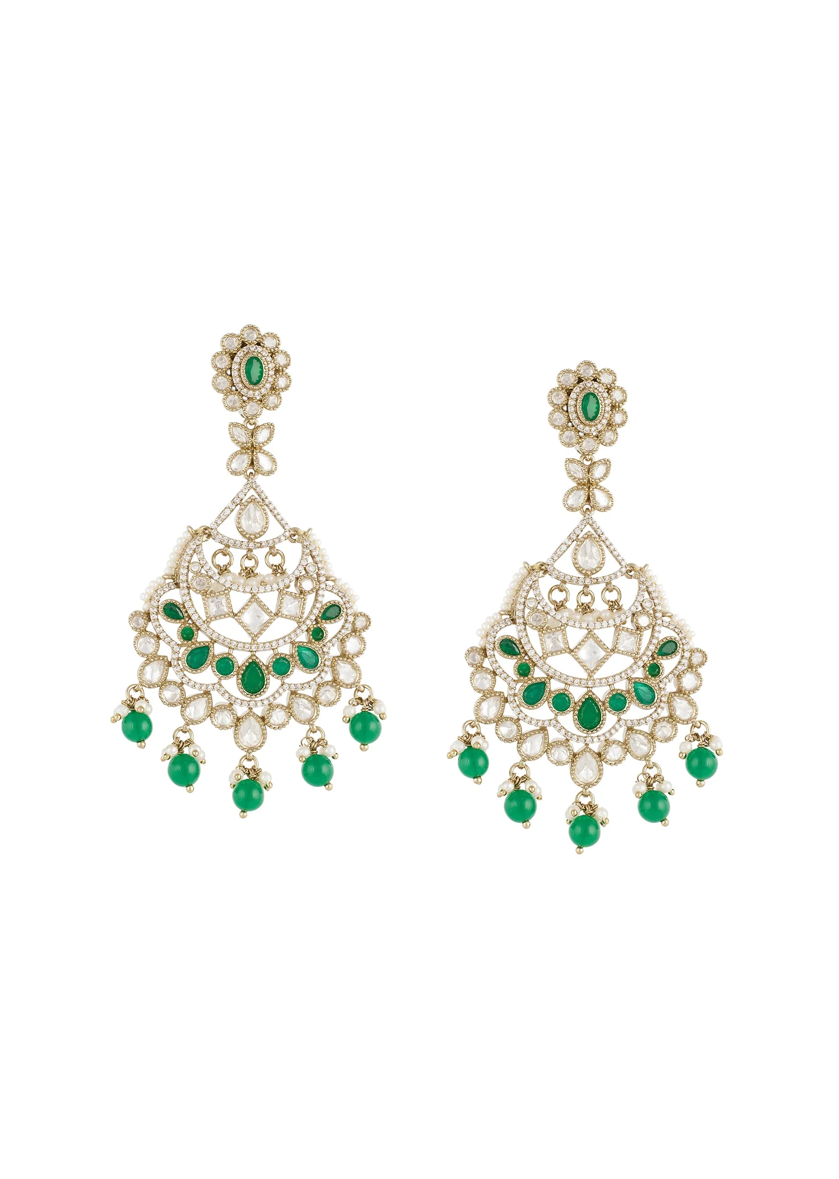 Green Gold Polki Earrings With Delicate Detail - Image 2