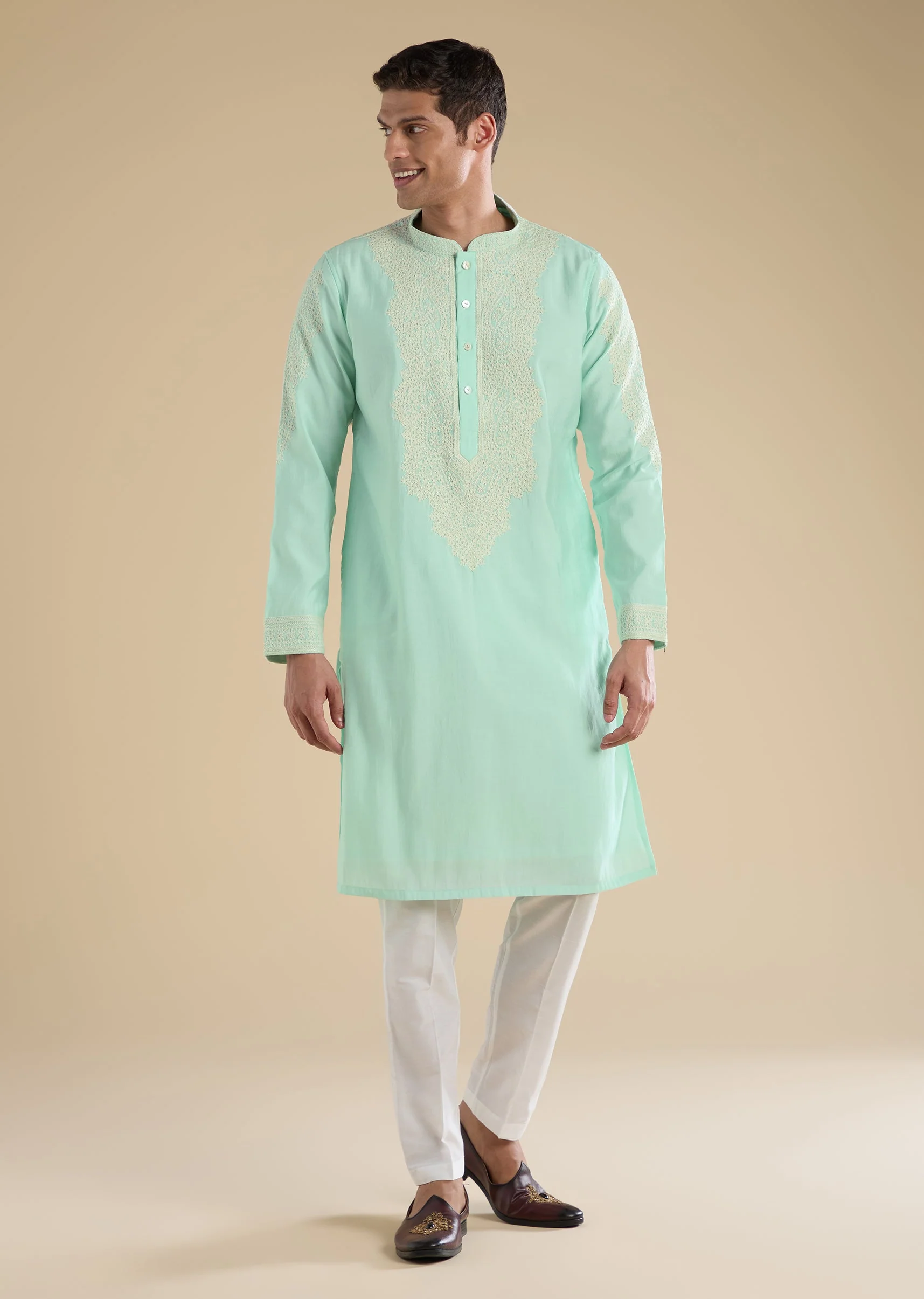 Green Gujarati Handwork Chanderi Kurta Set - Image 4