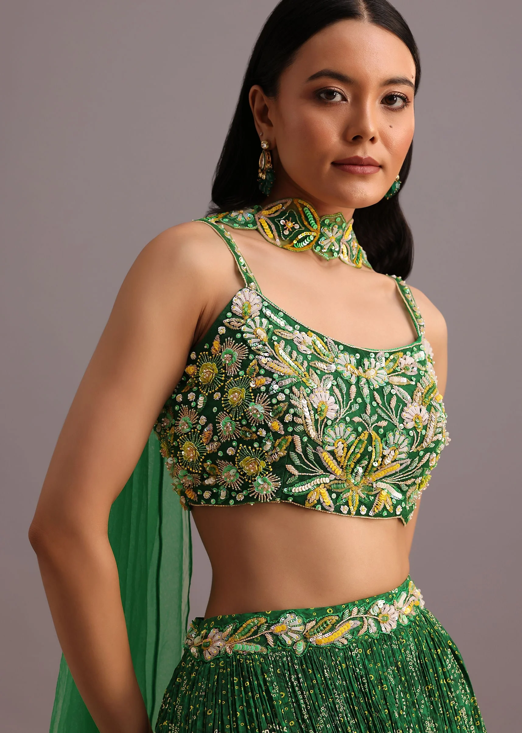 Green Hand Embroidered Choli With Bandhani Print Lehenga And Net Dupatta - Image 3