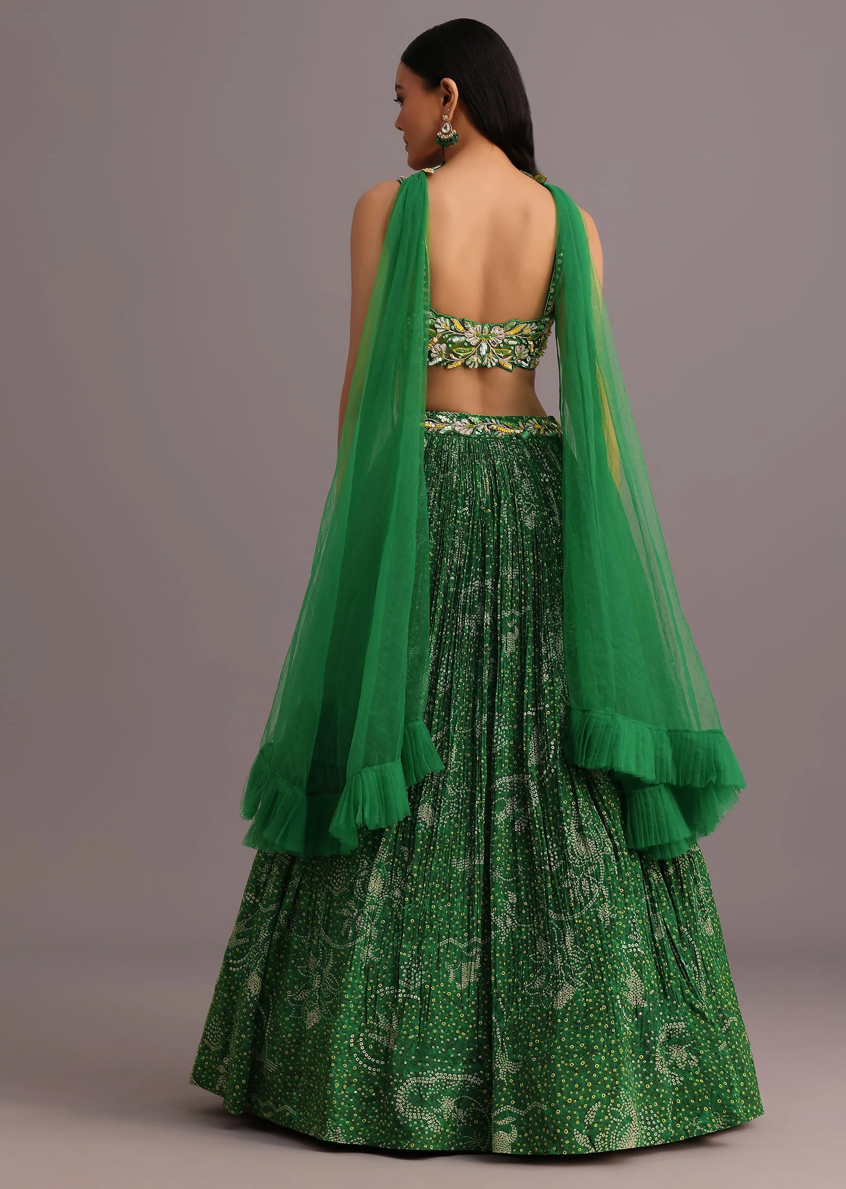 Green Hand Embroidered Choli With Bandhani Print Lehenga And Net Dupatta - Image 5